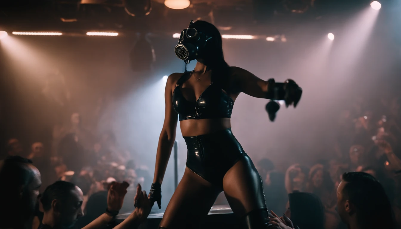 stripper dancing on a podium wearing a gas mask, latex leotard, dark clubbing, people dancing in the background, nightclub, goth club, gothic cyberpunk, cyberpunk aesthetic, industrial aesthetic, goth aesthetic, ultra detailed.