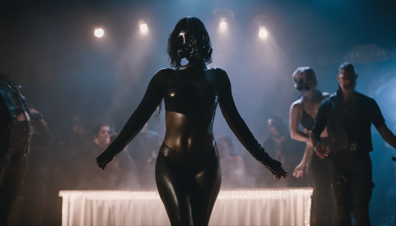 stripper dancing on a podium wearing a gas mask, latex leotard, dark clubbing, people dancing in the background, nightclub, goth club, gothic cyberpunk, cyberpunk aesthetic, industrial aesthetic, goth aesthetic, ultra detailed.