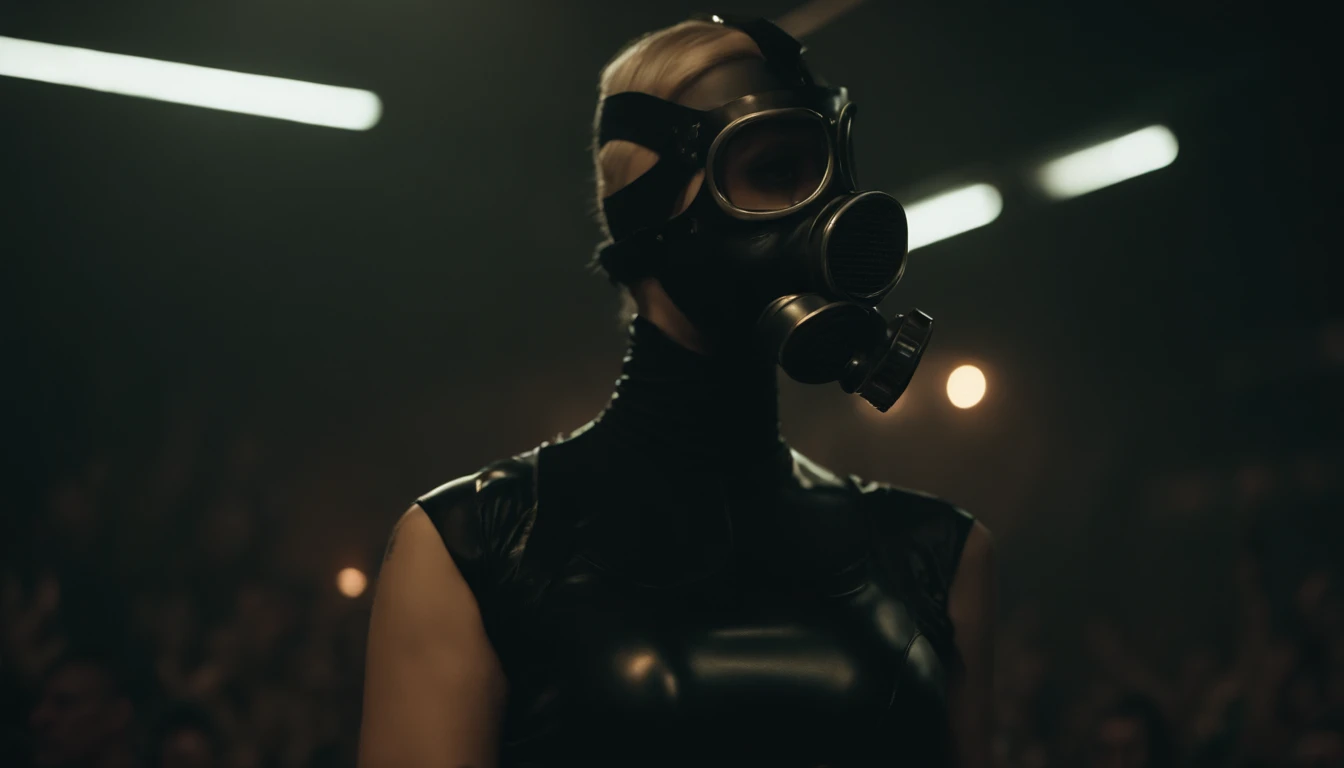 stripper dancing on a podium wearing a gas mask, latex leotard, dark clubbing, people dancing in the background, nightclub, goth club, gothic cyberpunk, cyberpunk aesthetic, industrial aesthetic, goth aesthetic, ultra detailed.