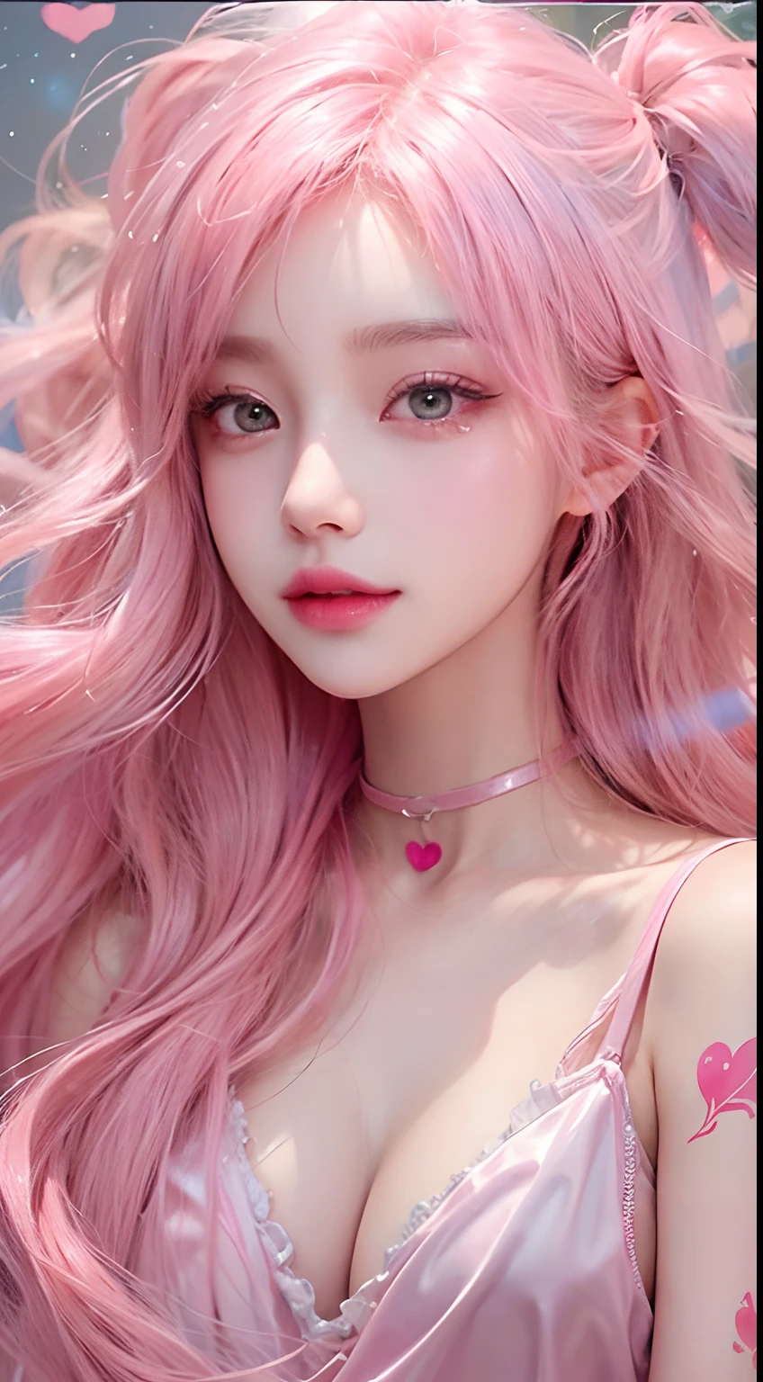 1girll,(Captivating quality:1.4),(True textured skins of the highest quality), Delicate face,Pink twin-tailed hair, Gradient Hair, (perfect bodies:1.1),Heart-shaped choker、long eyelasher,grin, hyperphotorealism, Cinematic lighting, projected inset, surrealism, hyper HD, masutepiece,Dream On,Please wear clear silk pajamas,Carmelto,tattooed,Fantasy space,Luxurious space