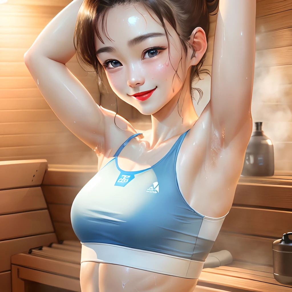 ((posed for photo、Armpit posture、Underarms、Underarms、Light that illuminates the armpits、tmasterpiece, Top image quality, A high resolution, Underarm wrinkles:1.5、Shiny armpits:1.7、Slimy armpits、独奏、small tits、White minimalist bra、In the sauna、Sweaty sauna、High-Ponytail hairstyle、At the train station、White sleeveless camisole without bra、Bright armpits、Underarm light、A smile、Armpit hairy、Armpit hair、Armpit hair、Blue eyes、Detailed wrinkles in the armpits、Realistic armpits、Tekatka armpits、Shiny armpits、Oily shiny armpits、Shiny armpits))、By looking directly at us、Raise both hands、latina, puberty, Sweaty face、Sweaty face、red lipsticks、In the sauna、In a steamy sauna、独奏、I'm looking at the armpits、Navel is visible、navel