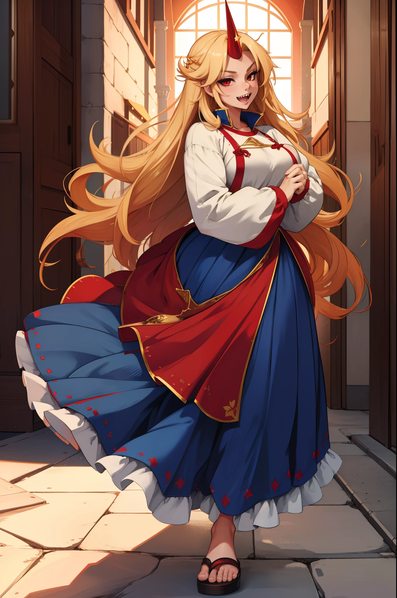 hoshiguma yuugi, european medieval cloths, crazy smile, medium breast, large skirt, long skirt, flipflops, full body, standing, medieval clothing,long skirt,(best quality,4k,8k,highres,masterpiece:1.2),ultra-detailed,(,1.37),portraits,vivid colors,warm tones,soft lighting, sharpteeth open mouth ,smile, double long skirt, long sleeves, white pullover, red and blue skirt,ultra-detailed hands,long hair, living hair