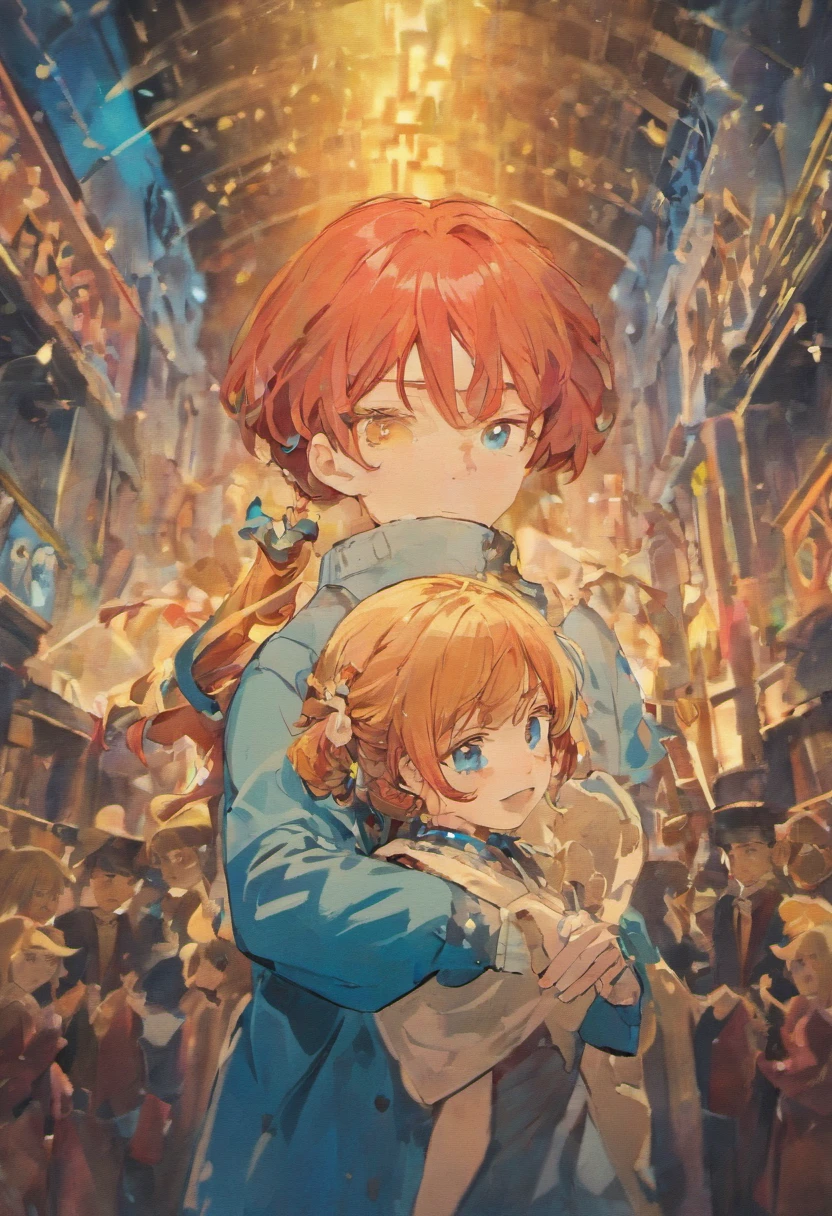 imagine one family, a redheaded adult woman with blue eyes , the man with Joseph Morgan's face and two identical red-haired and green-eyed children, animation