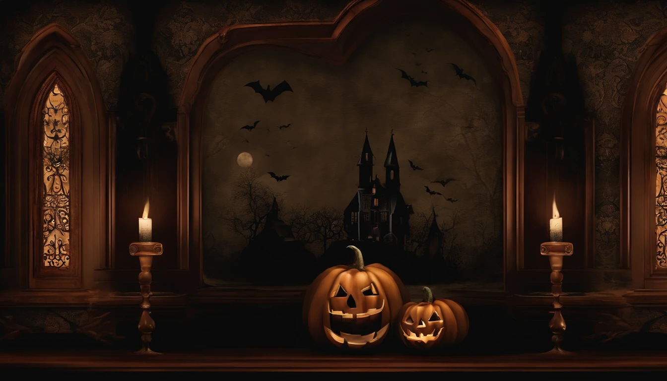 Paint Wall Art Design About Halloween Bruges, dentro de una casa oscura llena de calaveras. Dark Gothic and Vintage style design.