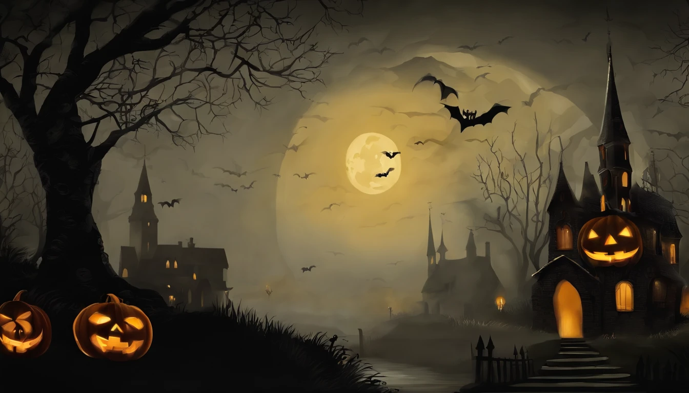 Paint Wall Art Design About Halloween Bruges, dentro de una casa oscura llena de calaveras. Dark Gothic and Vintage style design.