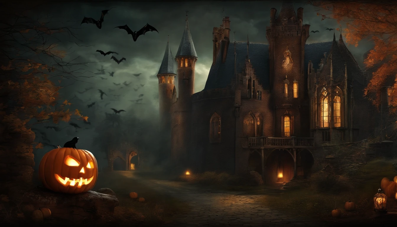 Paint Wall Art Design About Halloween Bruges, dentro de una casa oscura llena de calaveras. Dark Gothic and Vintage style design.