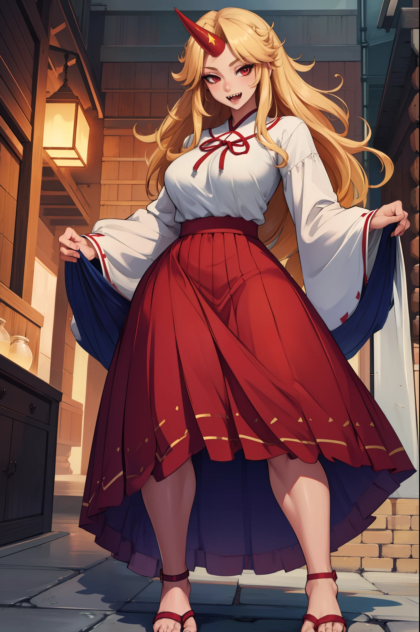 hoshiguma yuugi, european medieval cloths, crazy smile, medium breast, large skirt, long skirt, flipflops, full body, standing, medieval clothing,long skirt,(best quality,4k,8k,highres,masterpiece:1.2),ultra-detailed,(,1.37),portraits,vivid colors,warm tones,soft lighting, sharpteeth open mouth ,smile, double long skirt, long sleeves, white pullover, red and blue skirt,ultra-detailed hands,long hair, living hair