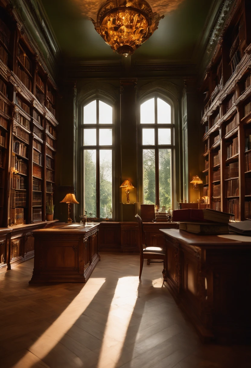 Alte Bibliothek, Es gibt ein kostbares Buch, verstaubte Regale. Carvings add a mystical touch to the atmosphere of the library, harmonizes perfectly with the warm tones of walnut. Durch die bunten Fenster an der rechten Seite scheint das Sonnenlicht hinein. Schatten am Boden. There are green library lamps on the reading tables and shine on open books.