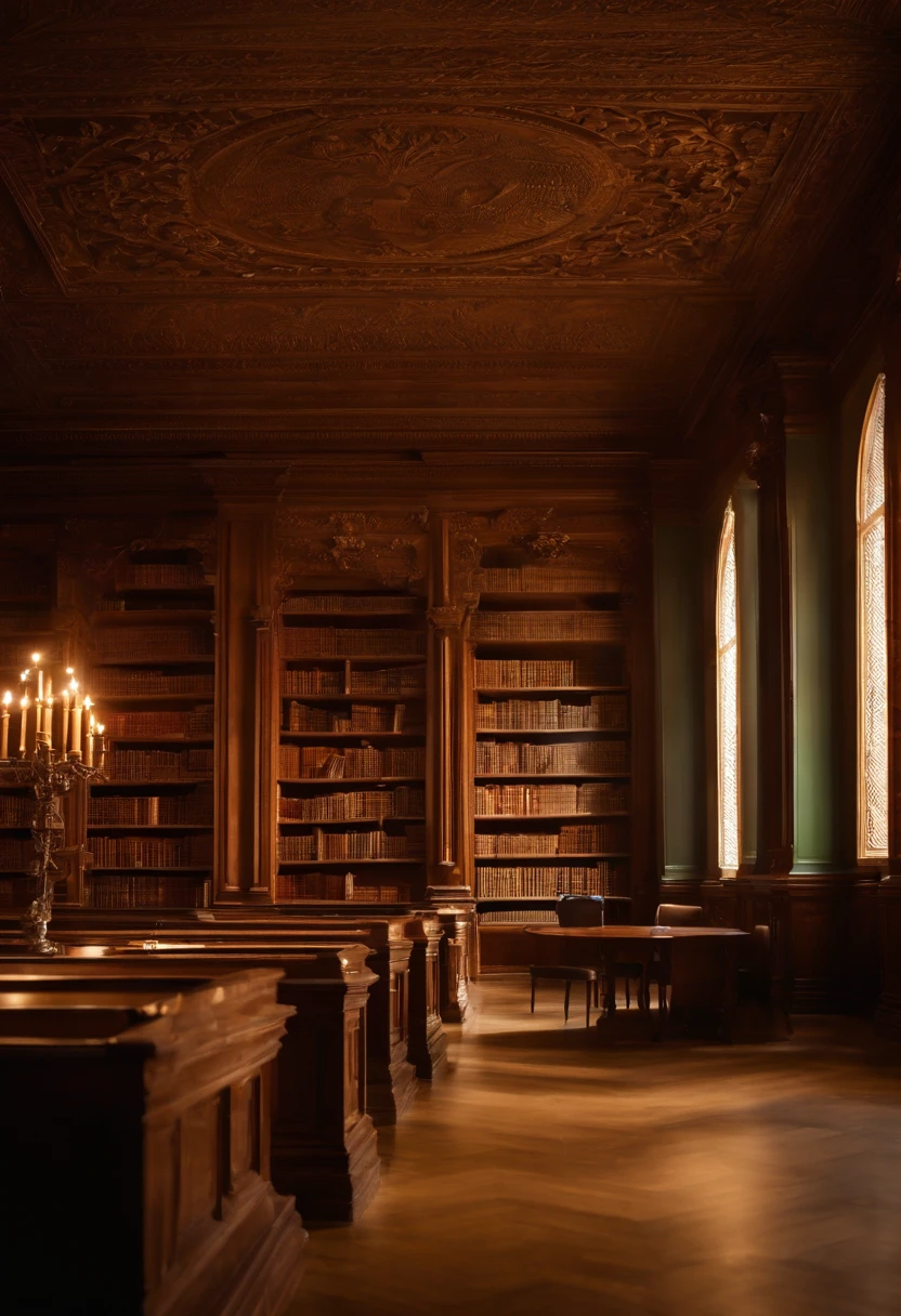 Alte Bibliothek, Es gibt ein kostbares Buch, verstaubte Regale. Carvings add a mystical touch to the atmosphere of the library, harmonizes perfectly with the warm tones of walnut. Durch die bunten Fenster an der rechten Seite scheint das Sonnenlicht hinein. Schatten am Boden. There are green library lamps on the reading tables and shine on open books.