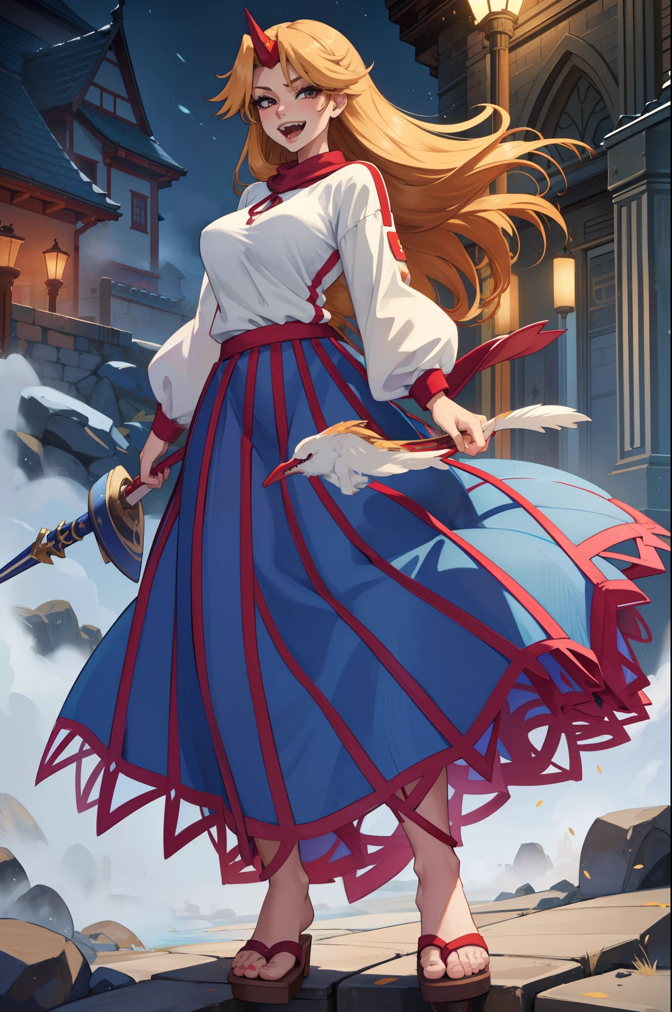 hoshiguma yuugi, european medieval cloths, crazy smile, medium breast, large skirt, long skirt, flipflops, full body, standing, medieval clothing,long skirt,(best quality,4k,8k,highres,masterpiece:1.2),ultra-detailed,(,1.37),portraits,vivid colors,warm tones,soft lighting, sharpteeth open mouth ,smile, double long skirt, long sleeves, white pullover, red and blue skirt,ultra-detailed hands,long hair, living hair