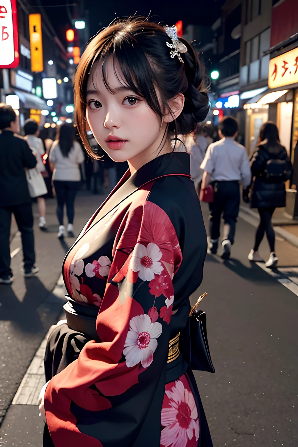 1girl、Streets of Tokyo、natta、A city scape、city light、The upper part of the body、a closeup、8k、RAW Photography、top-quality、masterpiece、realisitic、Photorealsitic、kimono、The whole body is shown、japanes、