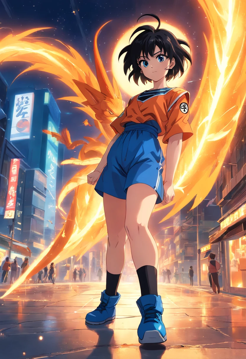masterpiece, best quality, 1girl, short hair, black hair, black eyes, blue boots, orange clothes, training, standing, smiling, angry face, aura power, night, natural light, standing, angry eyes, smiling, black hair, female focus, strong muscles, movie composition, depth of field, bokeh, (futuristic), (full body), saiyan, dragon ball