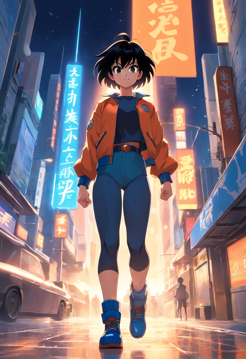 masterpiece, best quality, 1girl, short hair, black hair, black eyes, blue boots, orange clothes, training, standing, smiling, angry face, aura power, night, natural light, standing, angry eyes, smiling, black hair, female focus, strong muscles, movie composition, depth of field, bokeh, (futuristic), (full body), saiyan, dragon ball