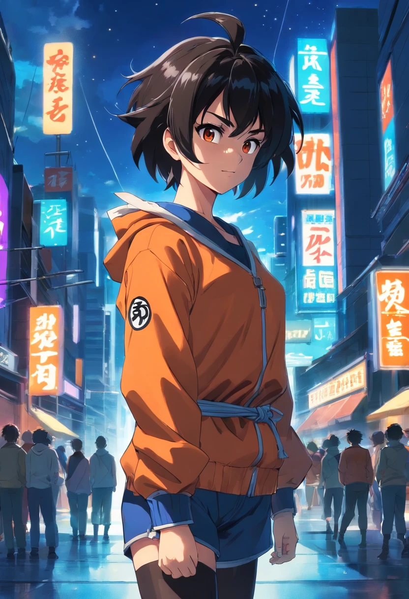 masterpiece, best quality, 1girl, short hair, black hair, black eyes, blue boots, orange clothes, training, standing, smiling, angry face, aura power, night, natural light, standing, angry eyes, smiling, black hair, female focus, strong muscles, movie composition, depth of field, bokeh, (futuristic), (full body), saiyan, dragon ball
