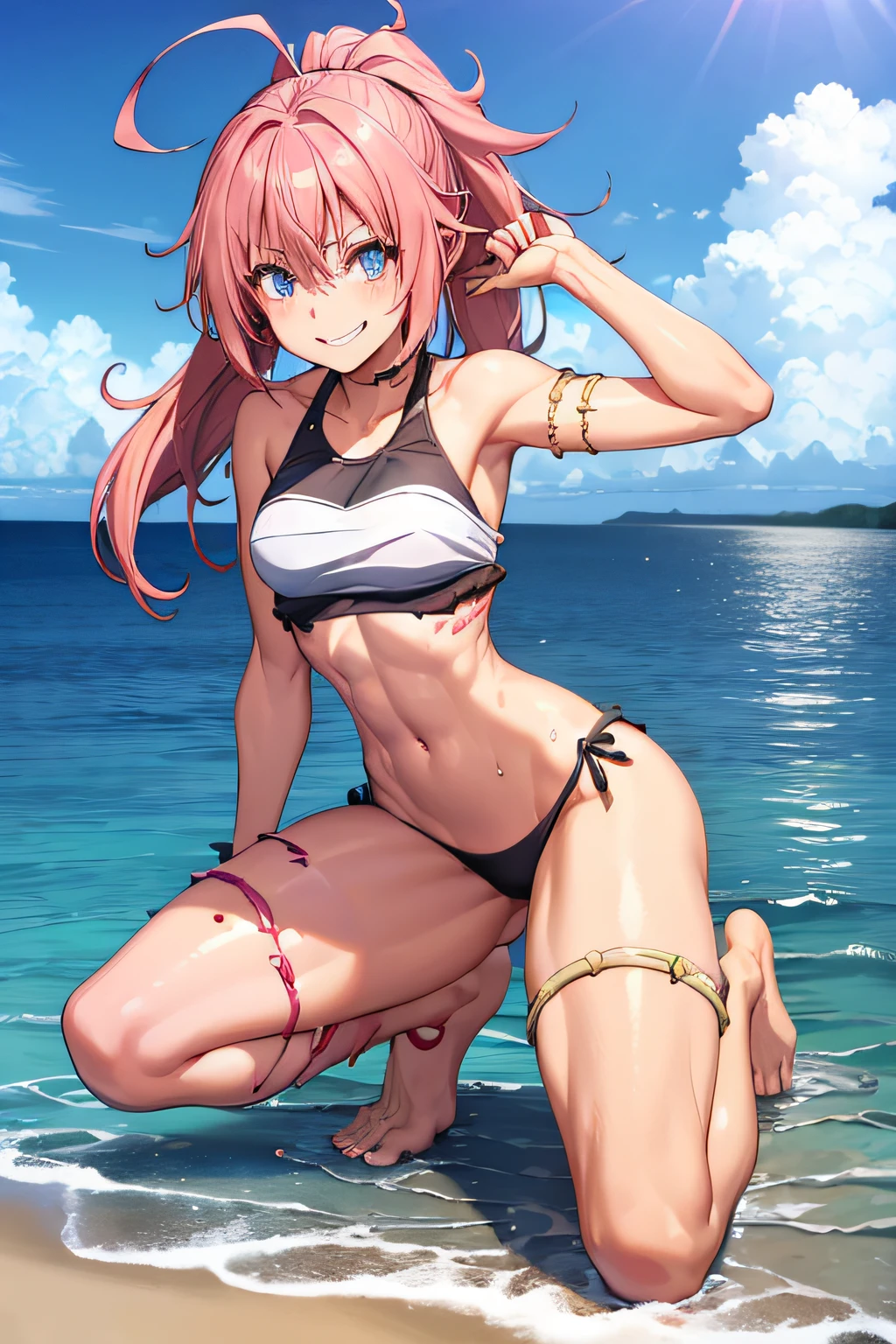 ((female)), (very messy hair), (happy smile), fangs, ((ripped abdomen)), toned arms and legs, small breasts, excessive sweating, (summer beach scene), looking down, eyes blue, wide hips, big and muscular ass, yacht in the background, barefoot, full body photo