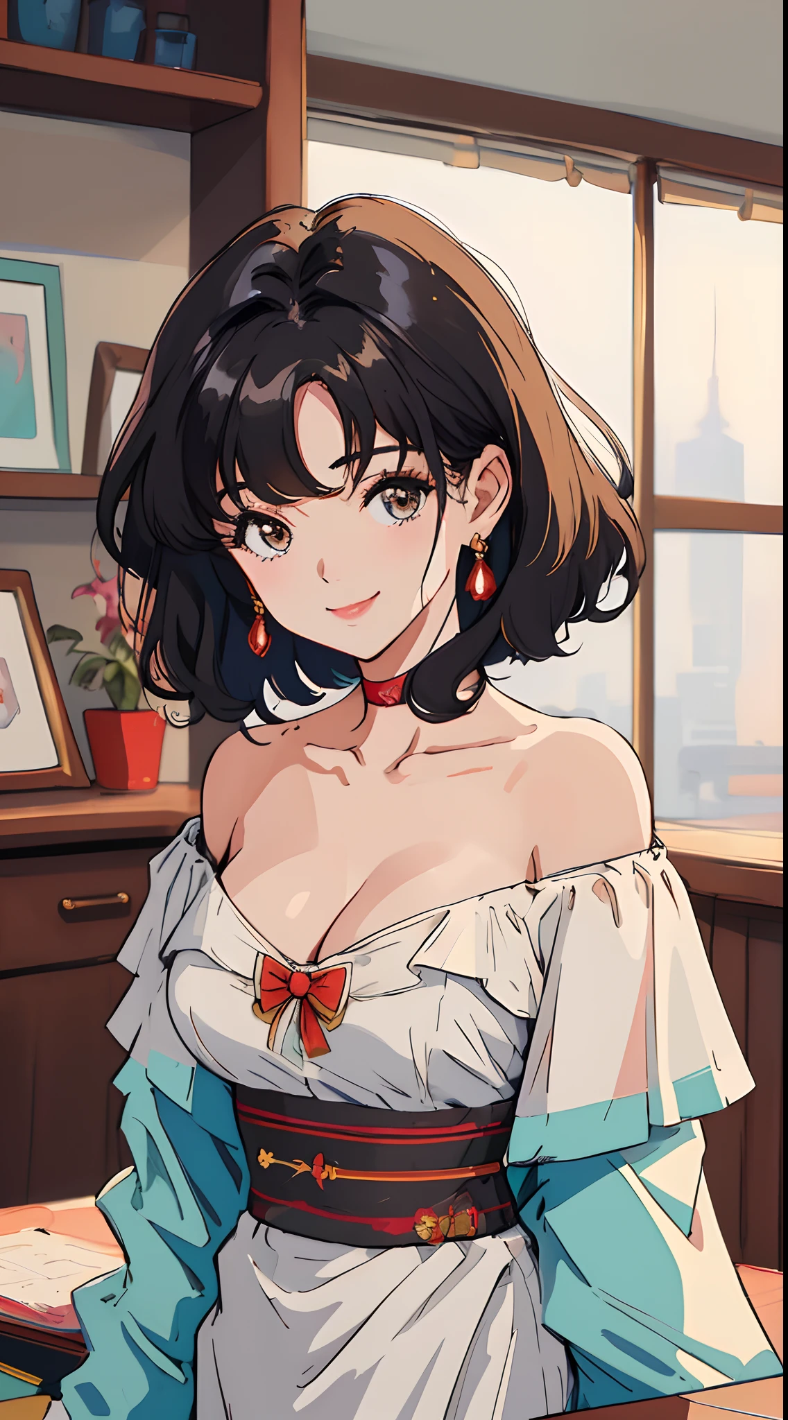 (Best quality, Masterpiece, A high resolution),1girll，比基尼,Close-up shot，Super large breasts，Off-the-shoulder attire，cleavage，Solo,Short hair,Wavy hair,Smile,