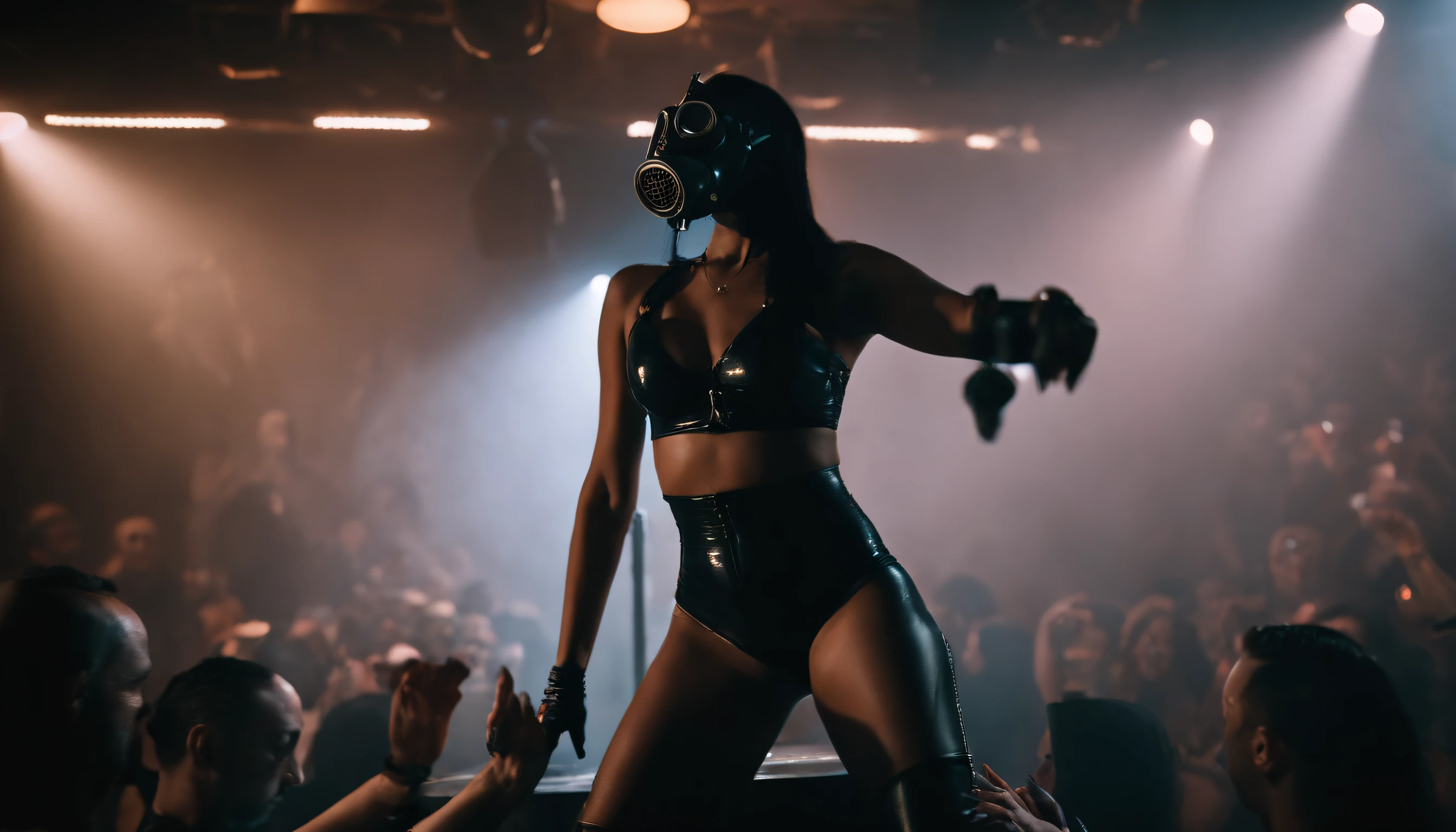 stripper dancing on a podium wearing a gas mask, latex leotard, dark clubbing, people dancing in the background, nightclub, goth club, gothic cyberpunk, cyberpunk aesthetic, industrial aesthetic, goth aesthetic, ultra detailed.