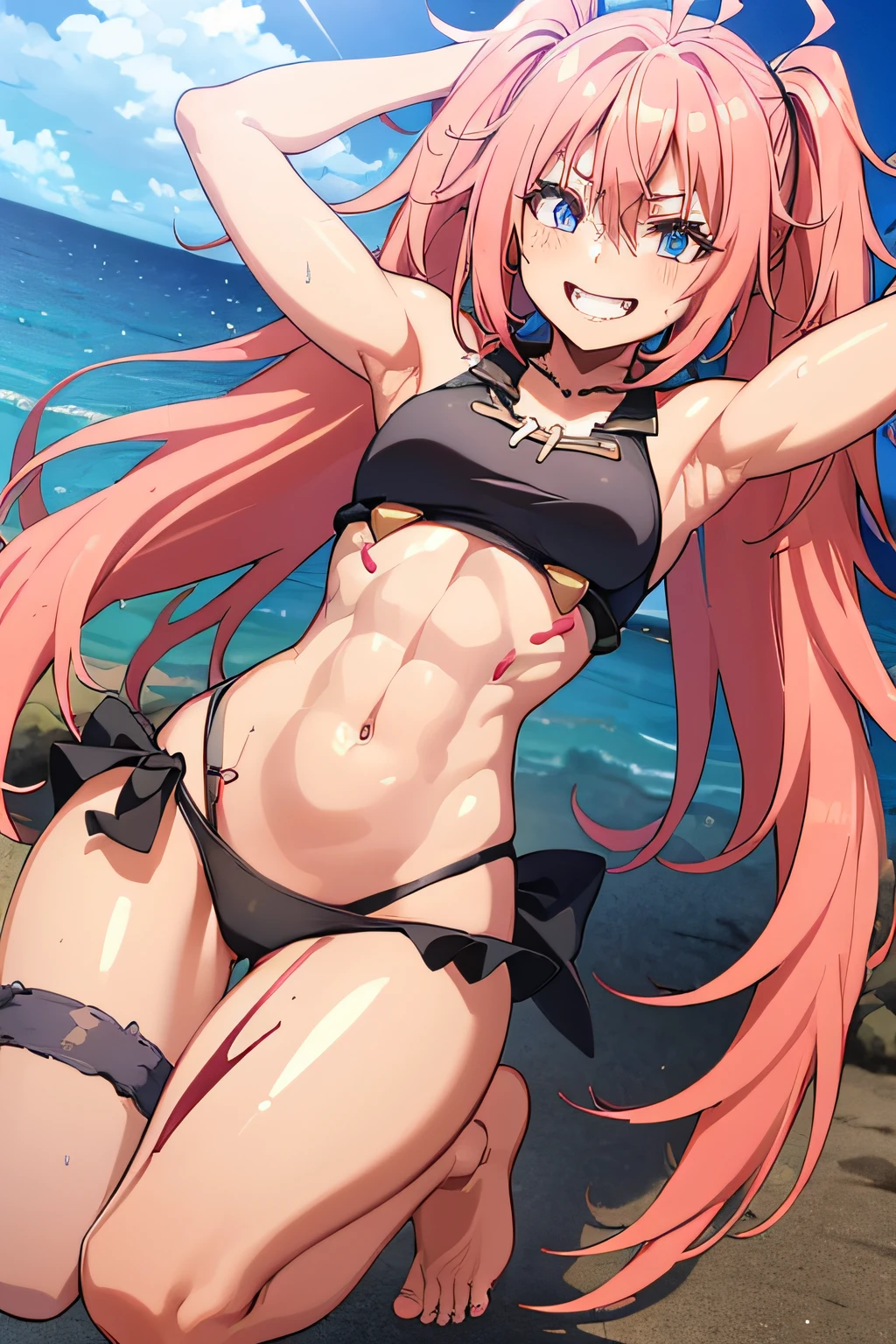 ((female)), (very messy hair), (happy smile), fangs, ((ripped abdomen)), toned arms and legs, small breasts, excessive sweating, (summer beach scene), looking down, eyes blue, wide hips, big and muscular ass, yacht in the background, barefoot, full body photo