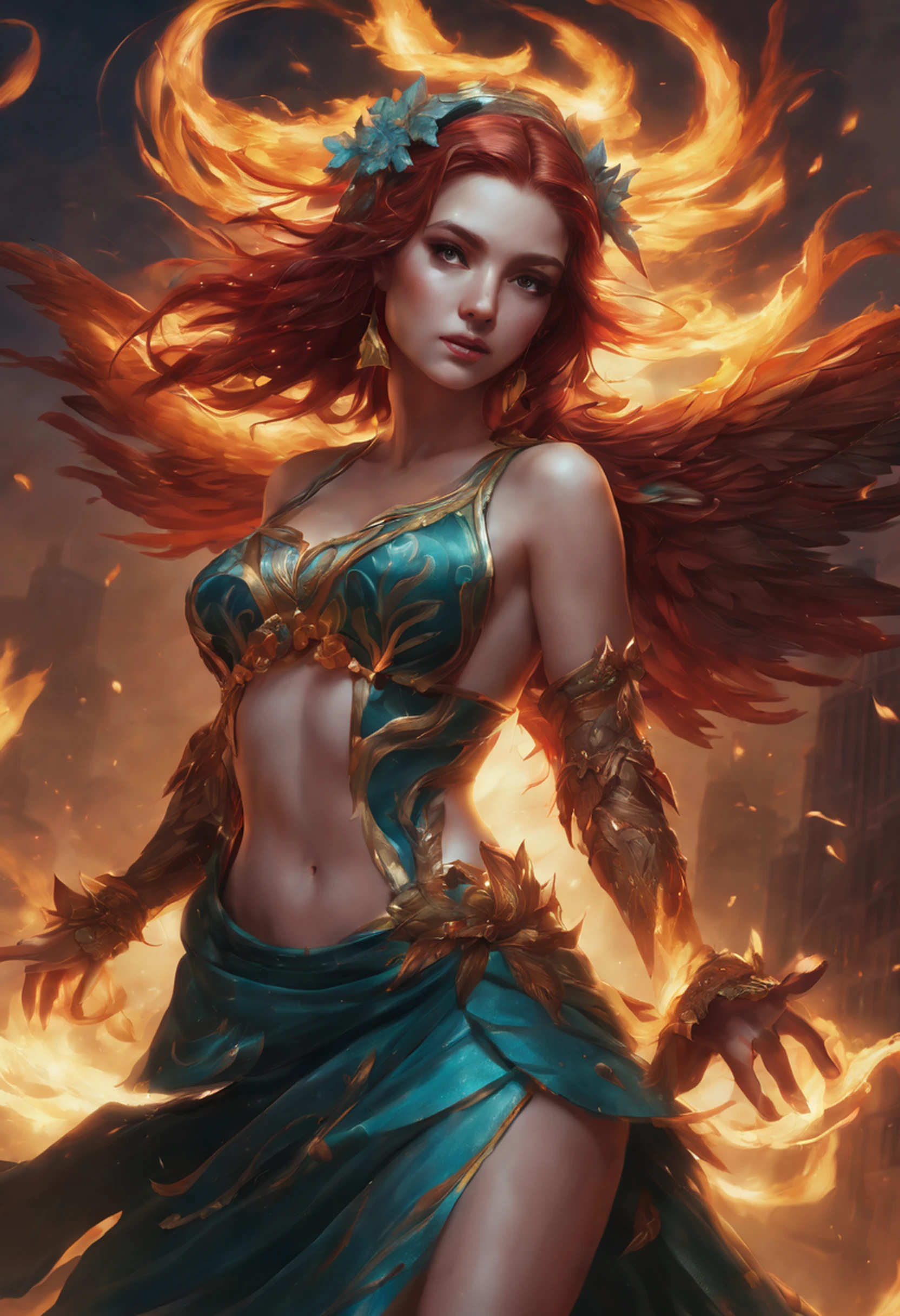 8k, ultra detalhado, master part, melhor qualidade, (extremamente detalhado), Arafed, arte dnd, scenic view, corpo inteiro, Aasimar sorceress casting a flaming spell, Aasimar, female, (Obra-prima 1.3, Detalhes intensos), female, feiticeira, Casting Flaming Spell (Obra-prima 1.3, Detalhes intensos) grandes asas angelicais, Open Blue Angelic Wings (Obra-prima 1.3, Detalhes intensos), magical fantasy background (Obra-prima 1.5, Detalhes intensos), lua, Estrelas, nuvem, vestindo manto verde,, Capa verde escura, flowing robe (Obra-prima 1.3, Detalhes intensos), Botas de salto alto (Obra-prima 1.3, Detalhes intensos), armado com pessoal, red hair, olhos verdes, olhos intensos, Feminino, Face Ultra Detalhada, (Obra-prima 1.5, melhor qualidade), anatomicamente correto (Obra-prima 1.3, Detalhes intensos), face determinada, Luz Divina, Cinematic lighting, luz suave, silhueta, fotorrealismo, scenic view (Obra-prima 1.3, Detalhes intensos) , Wide-Angle, Ultra-Grande Angular, 8k, Altas, melhor qualidade, Detalhes altos