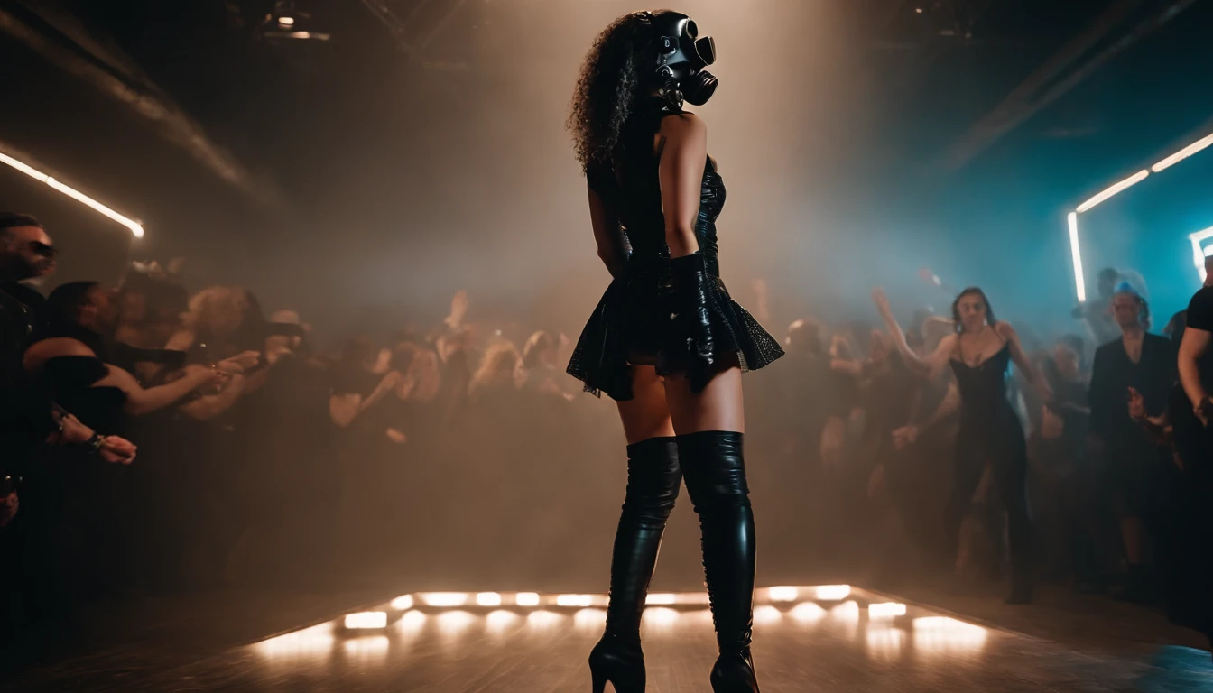 stripper dancing on a podium wearing a gas mask, latex leotard, dark clubbing, people dancing in the background, nightclub, goth club, gothic cyberpunk, cyberpunk aesthetic, industrial aesthetic, goth aesthetic, ultra detailed.
