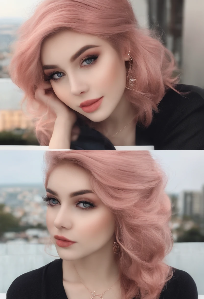 garota, cabelo rosa claro ondulado, olhar sedutor, olhos cor-de-rosa, roupas pretas, Egirl, foto de perfil, rosto bravo, anime realista, delineador artistico vermelho, coleira com espinhos de metal