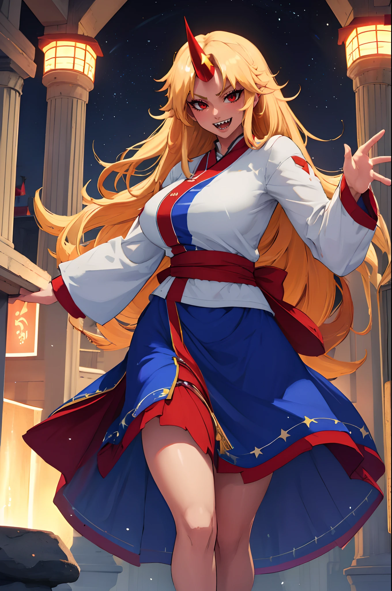 hoshiguma yuugi, european medieval cloths, crazy smile, medium breast, large skirt, long skirt, flipflops, full body, standing, medieval clothing,long skirt,(best quality,4k,8k,highres,masterpiece:1.2),ultra-detailed,(,1.37),portraits,vivid colors,warm tones,soft lighting, sharpteeth open mouth ,smile, double long skirt, long sleeves, white pullover, red and blue skirt,ultra-detailed hands,long hair, living hair