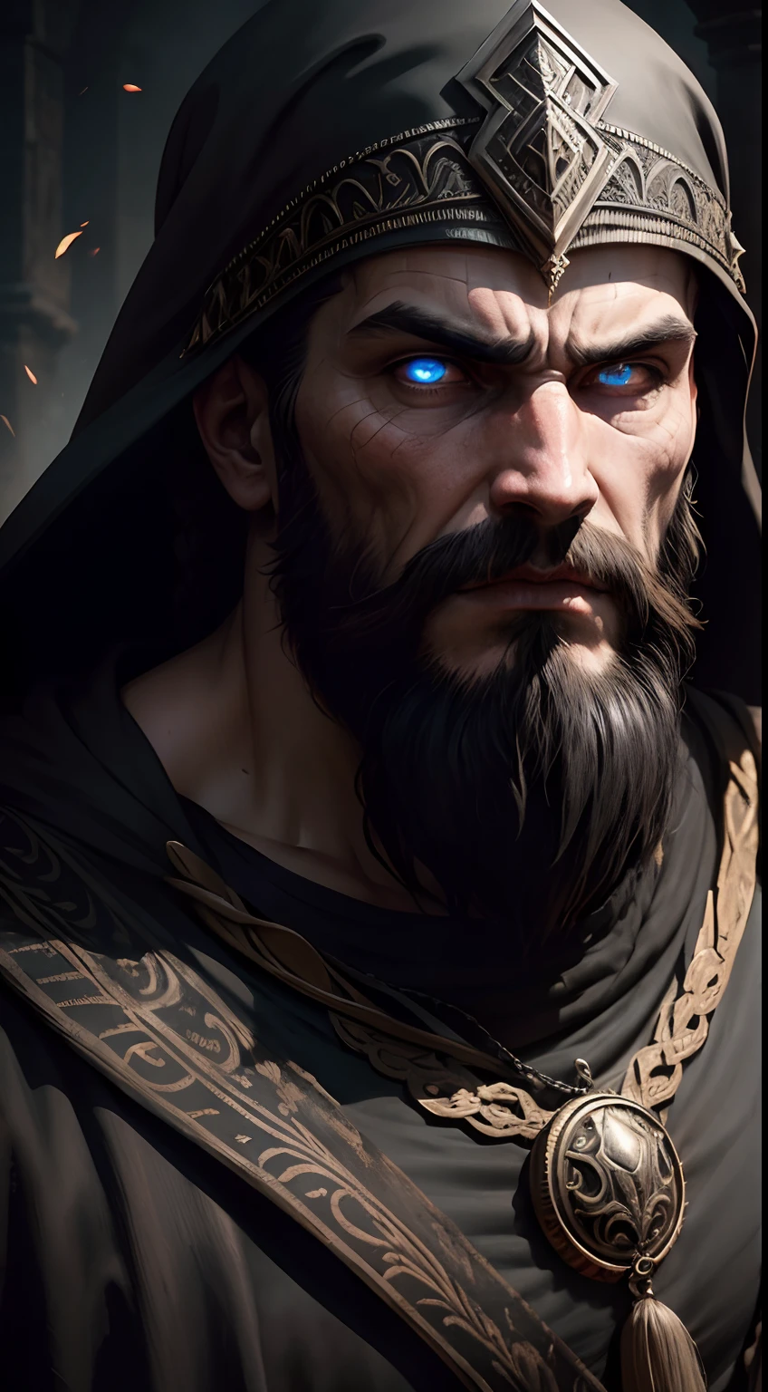 Chechen warrior long beard,bright piercing eyes,sharp features,menacing gaze,dark and intense,sinister aura,powerful presence,mystical background,heavy shadows,mysterious and enigmatic,deeply wrinkled forehead,ancient wisdom,shadowy figure,wispy hair,cloaked in darkness,mystical powers,medium:oil painting,realistic,historical accuracy,vivid colors,dramatic lighting,imposing stature,piercing stare,storytelling in image,foreboding atmosphere