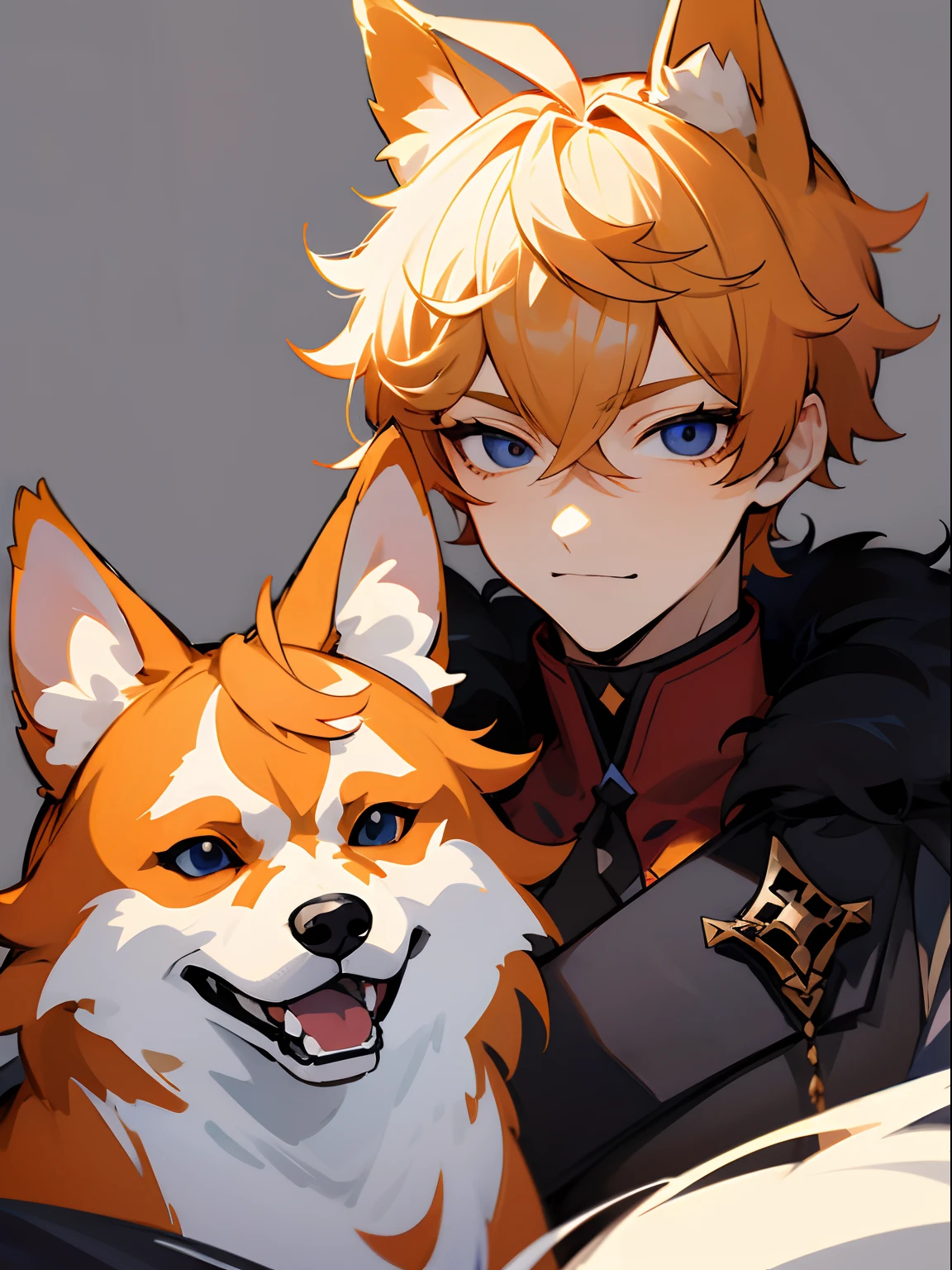 Drawn by Fenkko, Masterpiece, perfect face, best quality, highest quality, perfect face, beautiful man, childe genshin, tartaglia, tartaglia genshin impact, orange hair, fluffy hair, creepy, dark blue eyes, smirk, dog ears, husky ears, orange husky ears, sharp eyes, pale skin, creepy anime boy, handsome, tall, tall anime boy, 1boy, handsome anime man, low angle, looking down at viewer, viewed from below, excited, male character, male, staring down at camera, hot, handsome, sharp features, fenkko art, simple background, big dog ears, simple outfit, dark under eye bags, dark eye bags, excitable, bust up, portrait, short hair, fluffy hair, fur coat, winter clothing, single colour background, simple colours, bright colours, simple shading, handsome, kemonomimi, dog kemonomimi