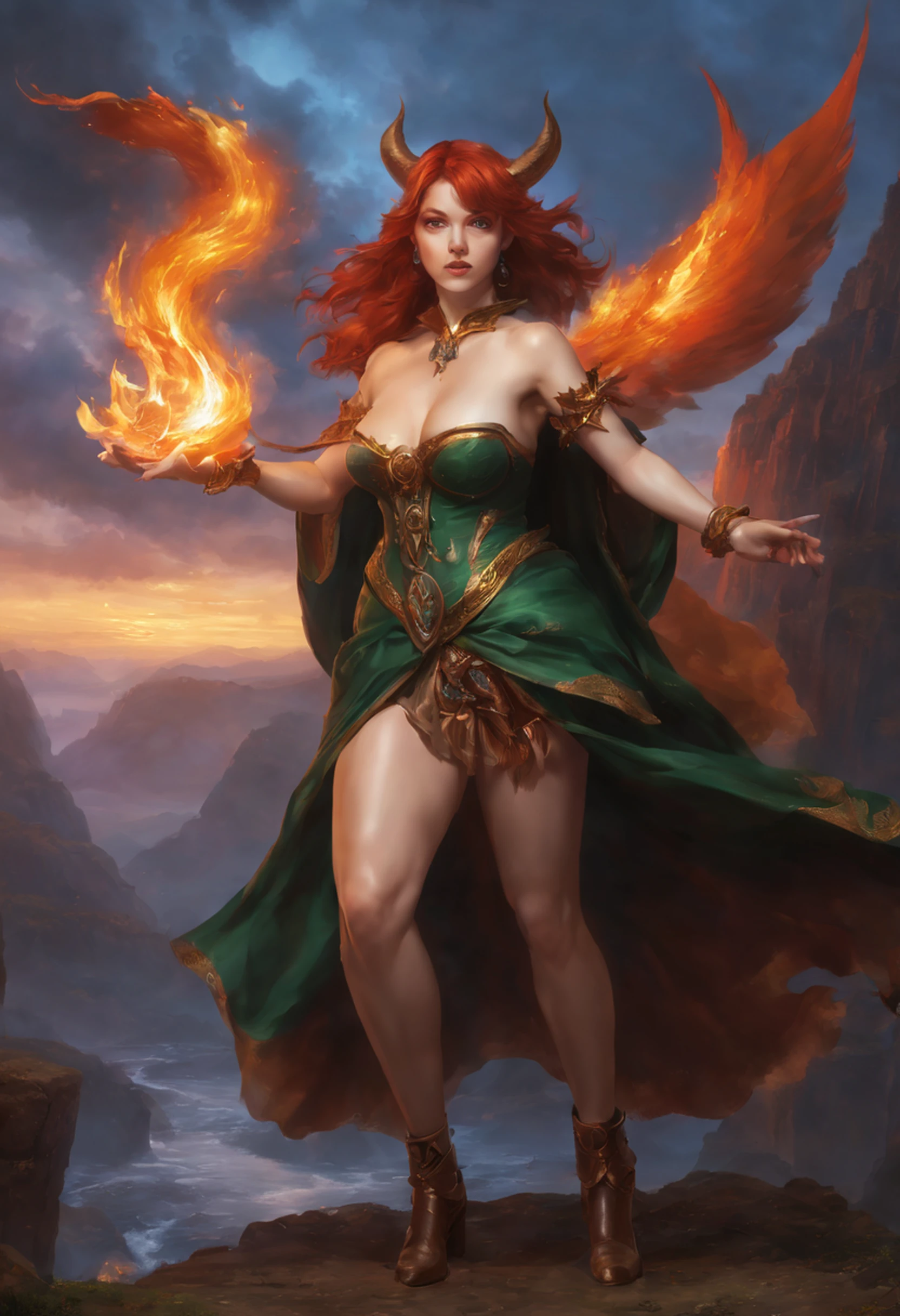 8k, ultra detalhado, master part, melhor qualidade, (extremamente detalhado), Arafed, arte dnd, scenic view, corpo inteiro, Aasimar sorceress casting a flaming spell, Aasimar, female, (Obra-prima 1.3, Detalhes intensos), female, feiticeira, Casting Flaming Spell (Obra-prima 1.3, Detalhes intensos) grandes asas angelicais, Open Blue Angelic Wings (Obra-prima 1.3, Detalhes intensos), magical fantasy background (Obra-prima 1.5, Detalhes intensos), lua, Estrelas, nuvem, vestindo manto verde,, Capa verde escura, flowing robe (Obra-prima 1.3, Detalhes intensos), Botas de salto alto (Obra-prima 1.3, Detalhes intensos), armado com pessoal, red hair, olhos verdes, olhos intensos, Feminino, Face Ultra Detalhada, (Obra-prima 1.5, melhor qualidade), anatomicamente correto (Obra-prima 1.3, Detalhes intensos), face determinada, Luz Divina, Cinematic lighting, luz suave, silhueta, fotorrealismo, scenic view (Obra-prima 1.3, Detalhes intensos) , Wide-Angle, Ultra-Grande Angular, 8k, Altas, melhor qualidade, Detalhes altos