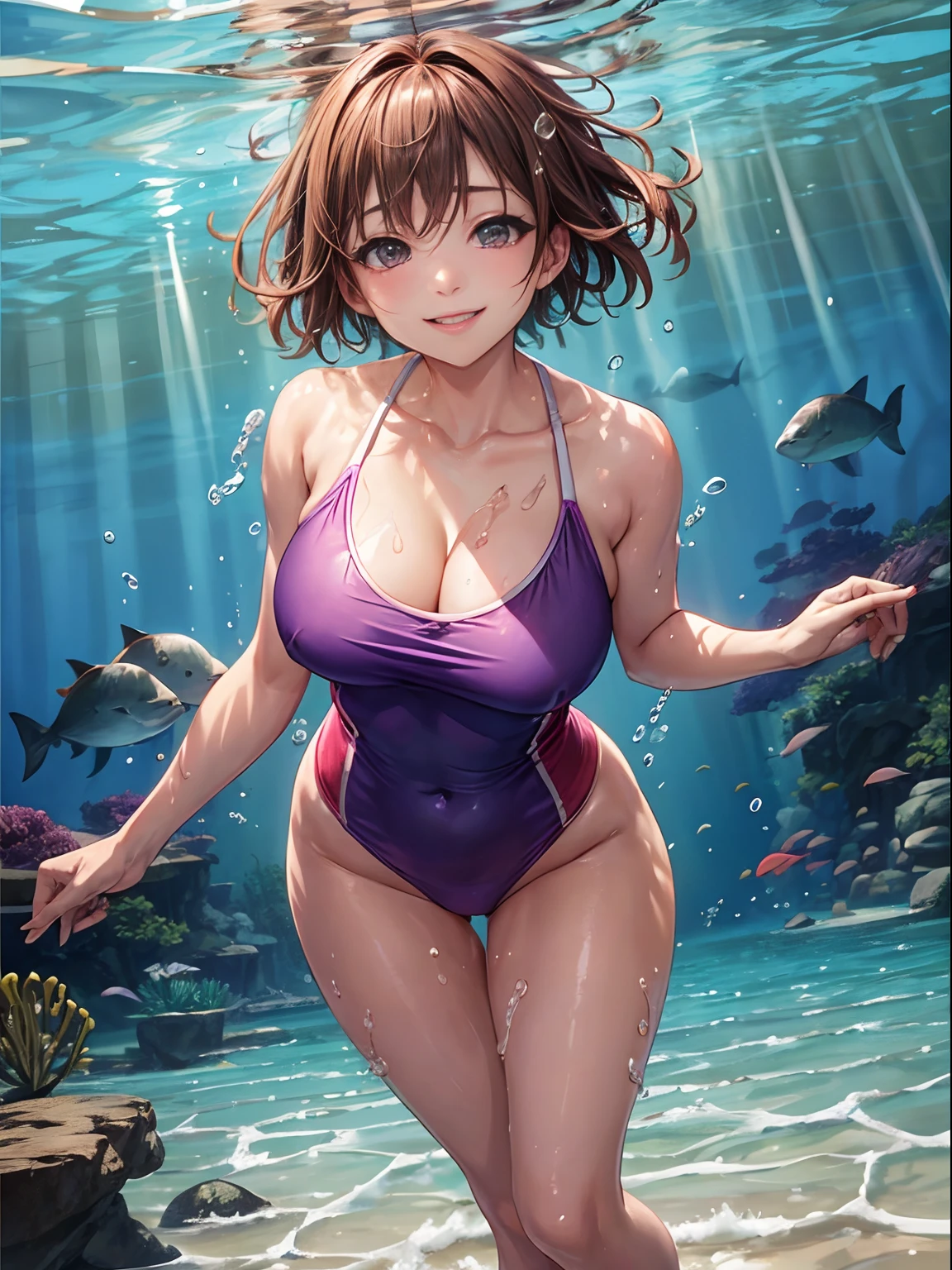 top-quality、Full limbs、complete fingers、One beautiful woman、Beautiful Large Breasts、short-hair、bobhair、Brown hair、Woman in purple competitive swimsuit、Raw feet、A big smile、Under the sea、the reef、Swimming in the water、Under the surface of the water