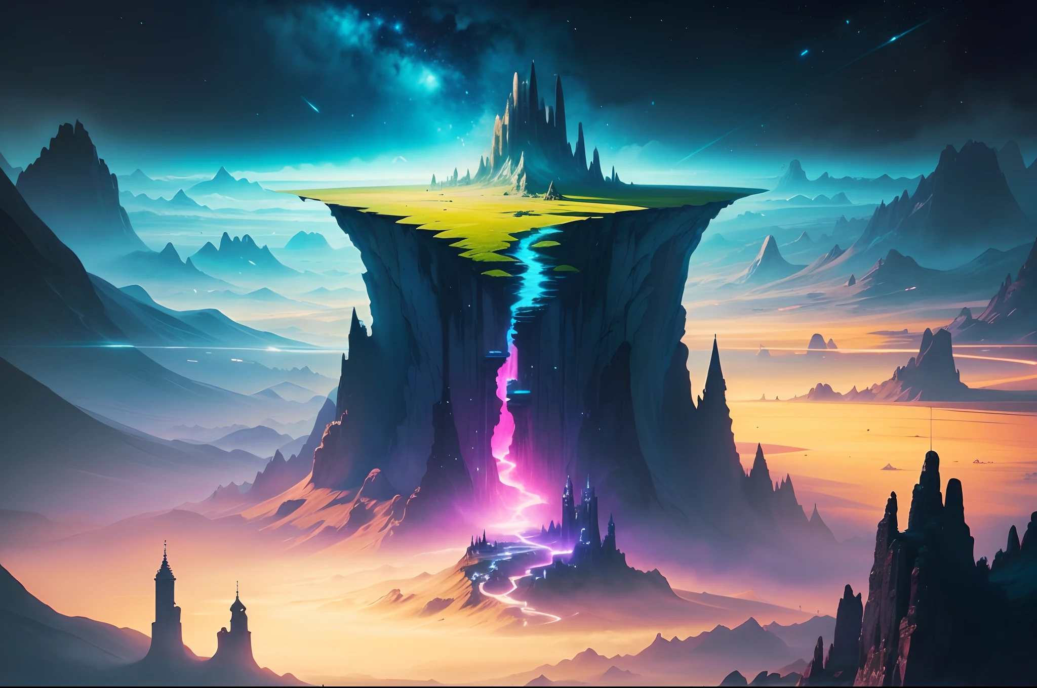 Fantasy landscape from another world. No gravity, floating objects, neon colours