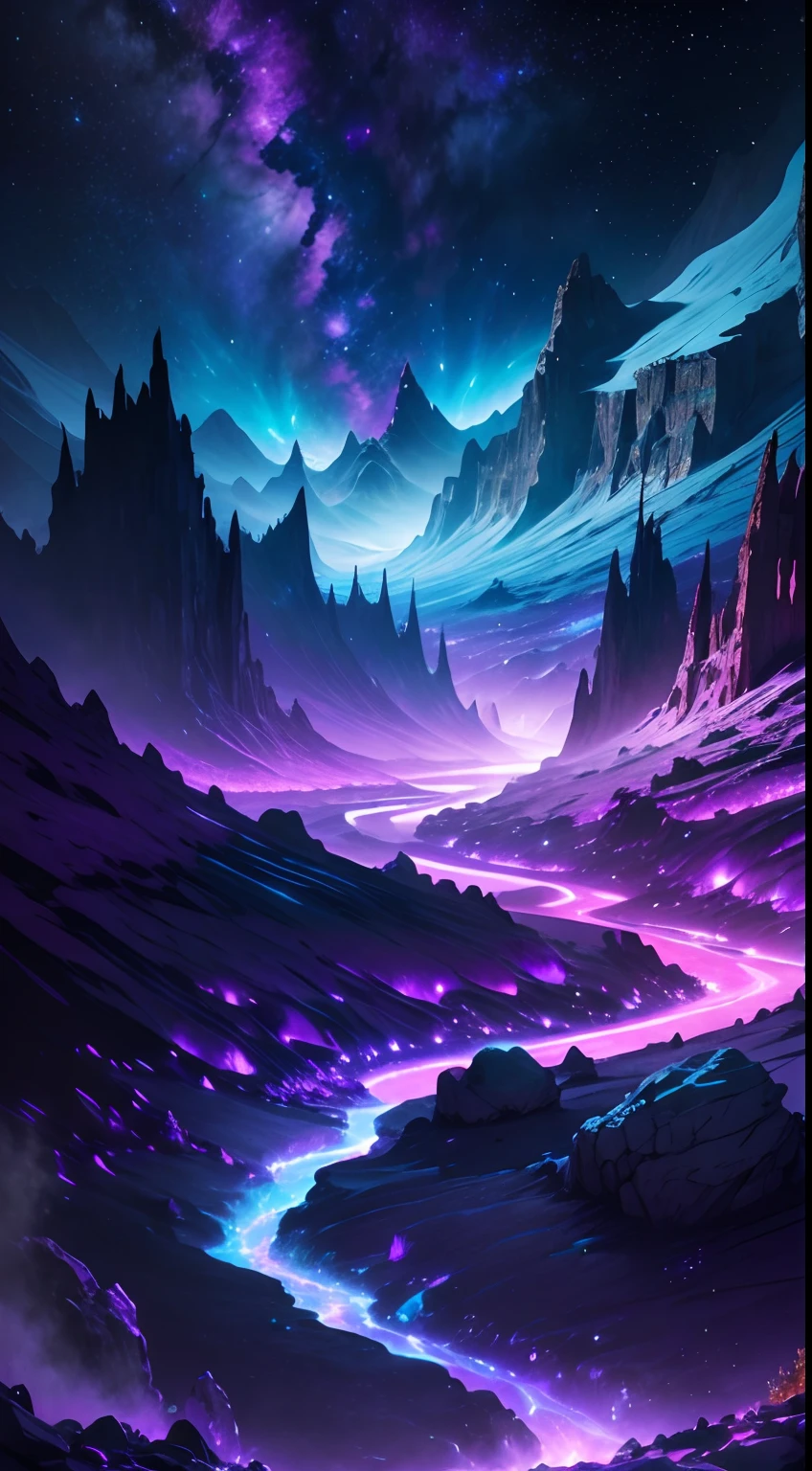 cosmic landscape, (glowing river), magical glow, fantasy, crazy, surreal, spectral, radioactive, night, starry sky, milkway, purple, ciano glow, epic, breath taking, mountain, crystals, cool, 4k, traced lights, magical atmosphere, liquid, crystals, rocks,