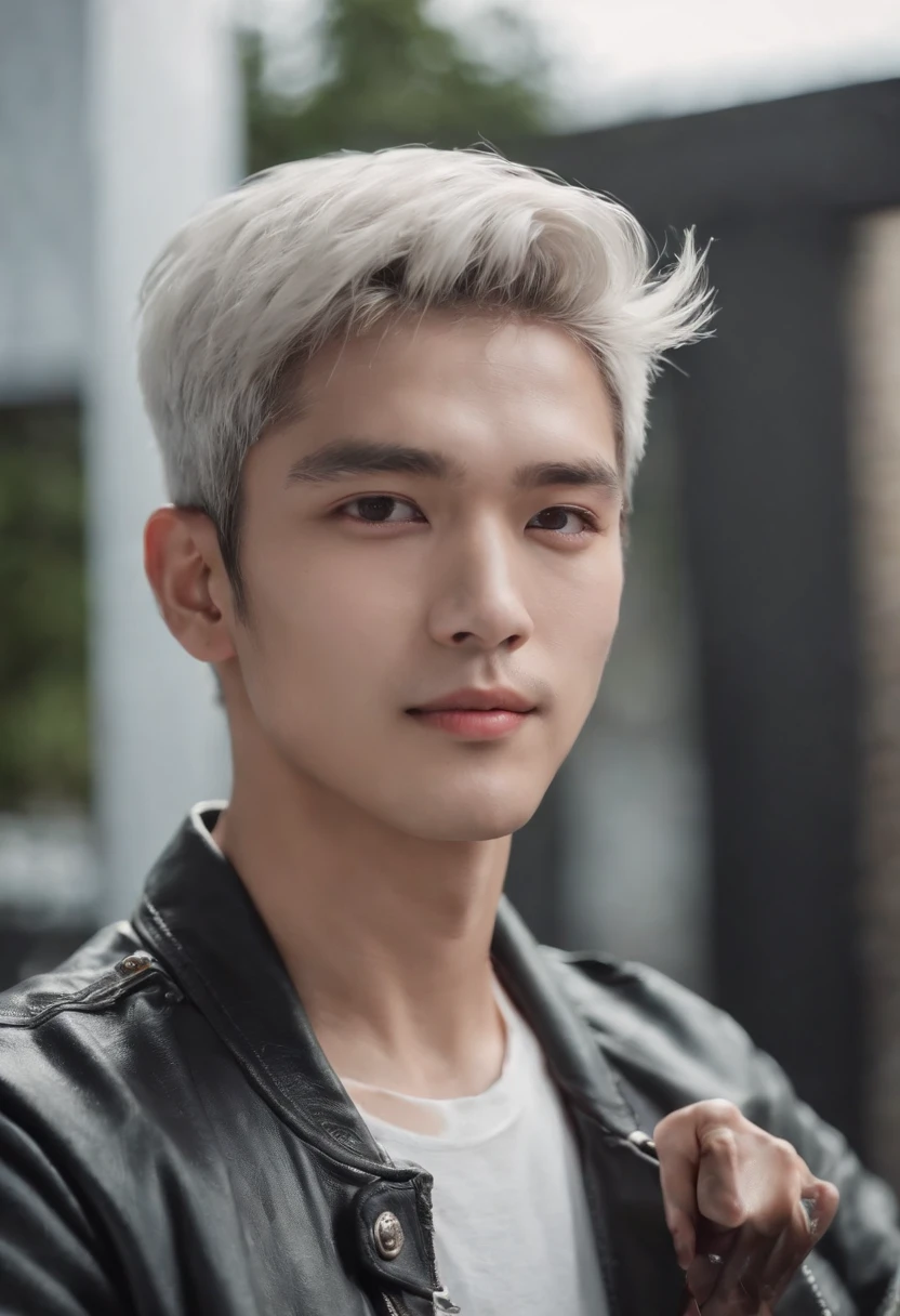 Handsome mid-young man wearing a leather jacket, wearing a cap, with silver hair, holding ice cream, silver messy hair, handsome, sexy and masculine beauty, some beard, repairing a car in a very cool pose, super detailed face, (8k, RAW photo, photorealistic:1.25) ,( lipgloss, eyelashes, man, gloss-face, glossy skin, dark skin, dark snik, male, best quality, ultra highres, young man, depth of field, chromatic aberration, caustics, Broad lighting, natural shading, Kpop idol) looking at viewer with a serene and god-like happiness,