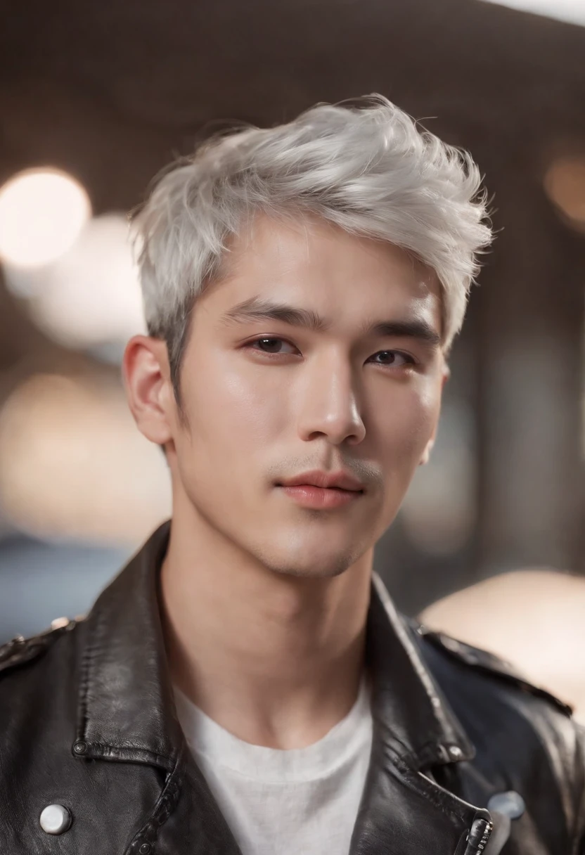 Handsome mid-young man wearing a leather jacket, wearing a cap, with silver hair, holding ice cream, silver messy hair, handsome, sexy and masculine beauty, some beard, repairing a car in a very cool pose, super detailed face, (8k, RAW photo, photorealistic:1.25) ,( lipgloss, eyelashes, man, gloss-face, glossy skin, dark skin, dark snik, male, best quality, ultra highres, young man, depth of field, chromatic aberration, caustics, Broad lighting, natural shading, Kpop idol) looking at viewer with a serene and god-like happiness,