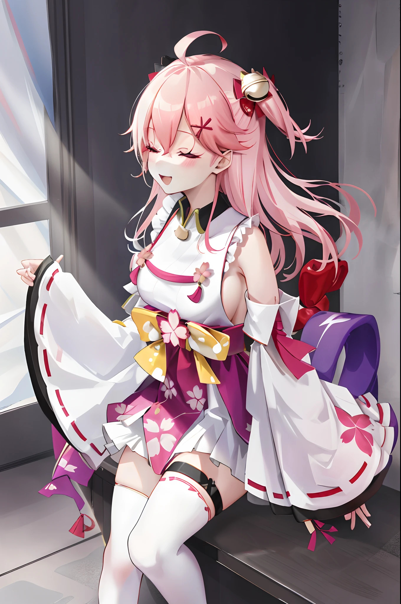 masterpiece, best quality, highres, miko1, sakura_miko, 1girl, big_boobs, solo, ahoge, x_hair_ornament, pink_hair, floral print, hairclip,(side_less_clothes:1.5), (side_boobs:1.5), hair_bell, floral print, long_hair, hair between eyes, one side up, white thighhighs, asymmetrical legwear, wide sleeves, open_mouth,(happy:1.3),close_eyes,big_smile,rising_leg,plump,apart_legs,(overly_long_sleeves:1.3),(beautiful_fingers),sleeves_past_wrists,hands_hidden_sleeves,sidelock_clothes,dynamic_posing,solo,hidden_wrists,(XD:1.4),