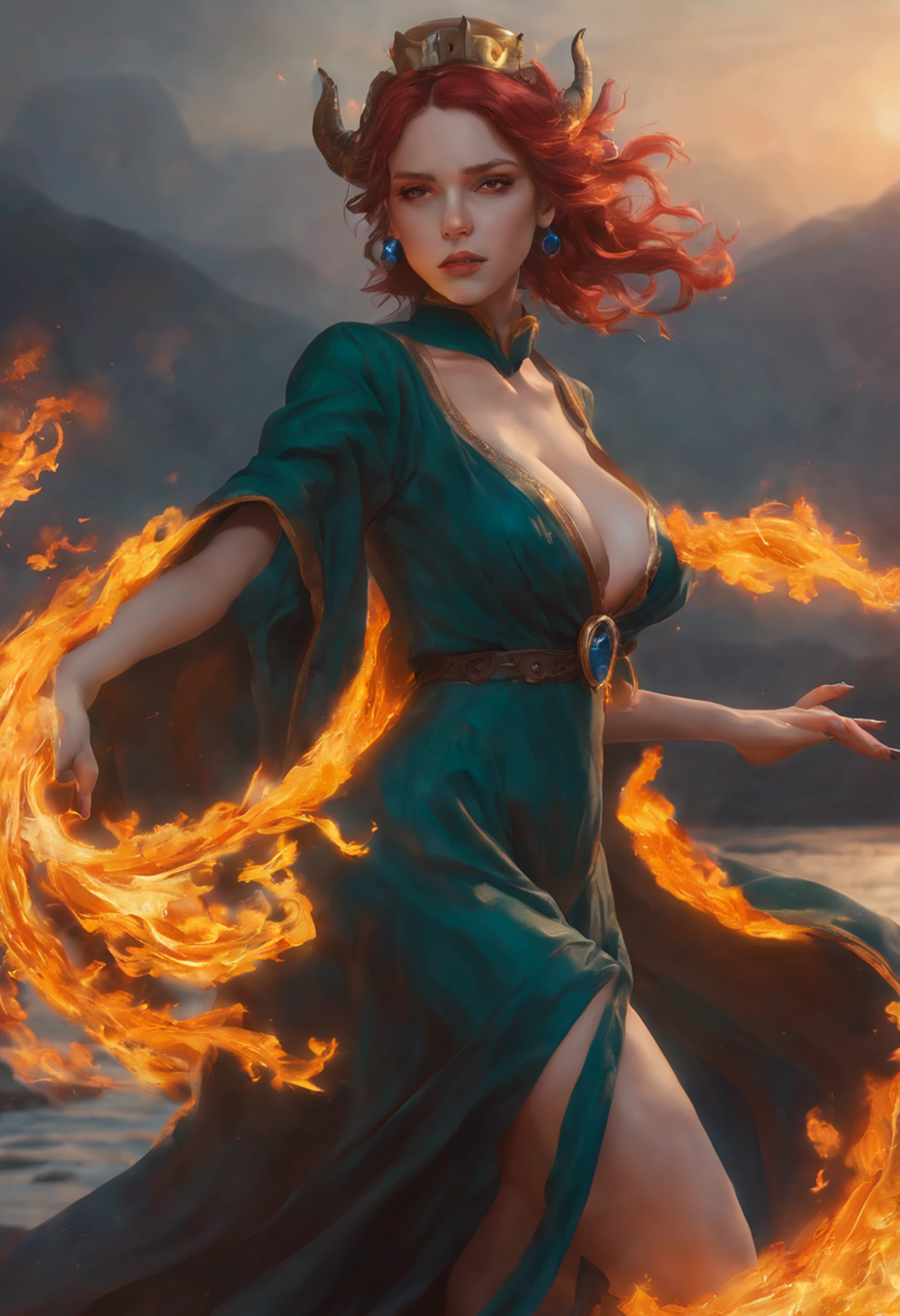 8k, ultra detalhado, master part, melhor qualidade, (extremamente detalhado), Arafed, arte dnd, scenic view, corpo inteiro, Aasimar sorceress casting a flaming spell, Aasimar, female, (Obra-prima 1.3, Detalhes intensos), female, feiticeira, Casting Flaming Spell (Obra-prima 1.3, Detalhes intensos) grandes asas angelicais, Open Blue Angelic Wings (Obra-prima 1.3, Detalhes intensos), magical fantasy background (Obra-prima 1.5, Detalhes intensos), lua, Estrelas, nuvem, vestindo manto verde,, Capa verde escura, flowing robe (Obra-prima 1.3, Detalhes intensos), Botas de salto alto (Obra-prima 1.3, Detalhes intensos), armado com pessoal, red hair, olhos verdes, olhos intensos, Feminino, Face Ultra Detalhada, (Obra-prima 1.5, melhor qualidade), anatomicamente correto (Obra-prima 1.3, Detalhes intensos), face determinada, Luz Divina, Cinematic lighting, luz suave, silhueta, fotorrealismo, scenic view (Obra-prima 1.3, Detalhes intensos) , Wide-Angle, Ultra-Grande Angular, 8k, Altas, melhor qualidade, Detalhes altos