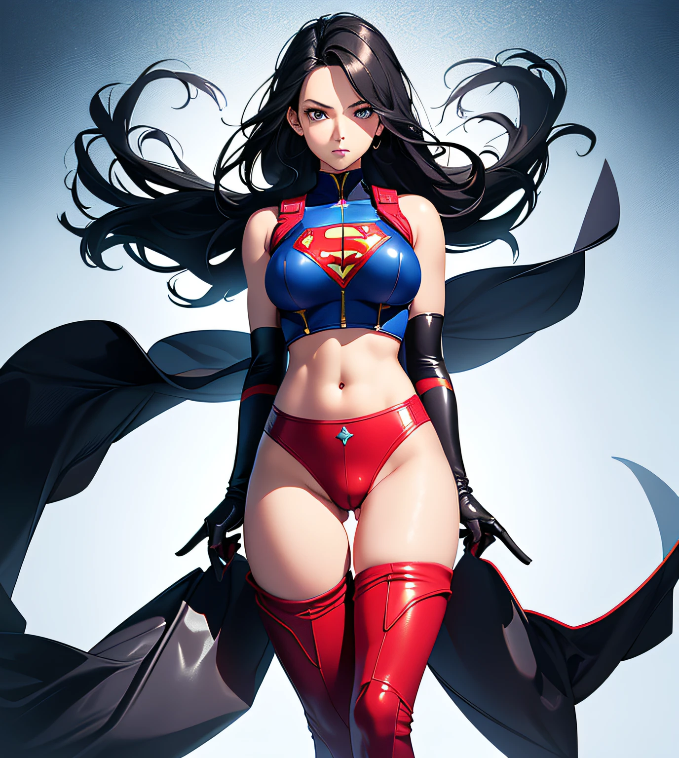 a female superman character is wearing body armor and gloves in tight leather pants, 1girl, solo, breasts, covered , black hair, thighhighs, short hair, leotard, thighs, white background, eyes half open, simple background, cameltoe, (bare navel:1.5), (Red skinney pants with star marks:1.3), (bare thighs:1.6)