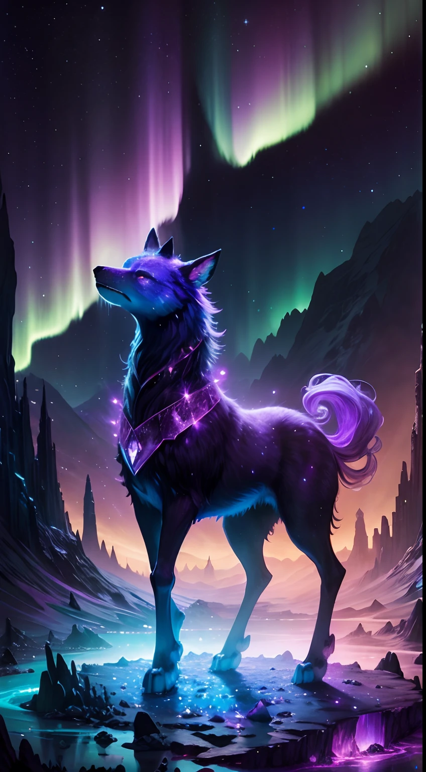 crystal animal on cosmic landscape, magical glow, fantasy, crazy, surreal, spectral, radioactive, night, starry sky, milkway, purple, ciano glow, epic, breath taking, mountain, crystals, cool, 4k, traced lights, Northern Lights, aurora boreal, magical atmosphere, liquid, the animal has four paws, the animal is made of crystal, isa mystical creature, a magical atmosphere, fantasy