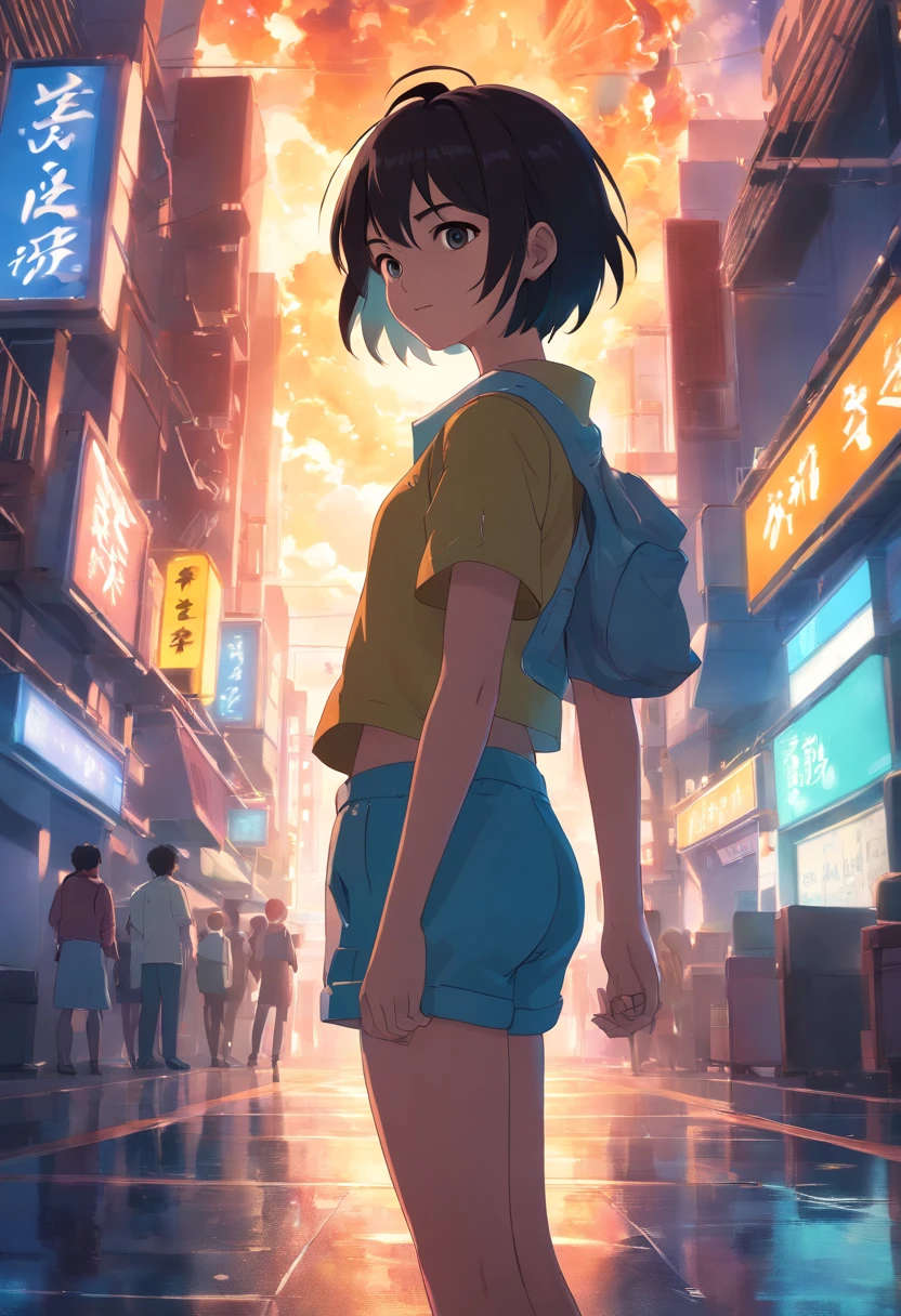 masterpiece, best quality, 1girl, short hair, black hair, black eyes, training, standing, smiling, angry face, aura power, night, natural light, standing, angry eyes, smiling, black hair, female focus, strong muscles, movie composition, depth of field, bokeh, (futuristic), (full body), saiyan, dragon ball