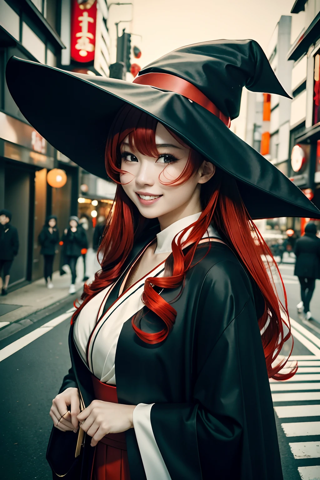(best quality,highres),
beautiful red-haired woman,japanese girl,wearing Halloween cosplay costume,on the streets of Shibuya,black cloak,pointy hat,smiling