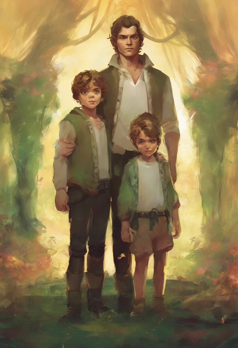 Imagine a family, uma mulher de cabelo ruivo e olhos azuis, um homem com o rosto de Joseph Morgan, Two green-eyed twin children
