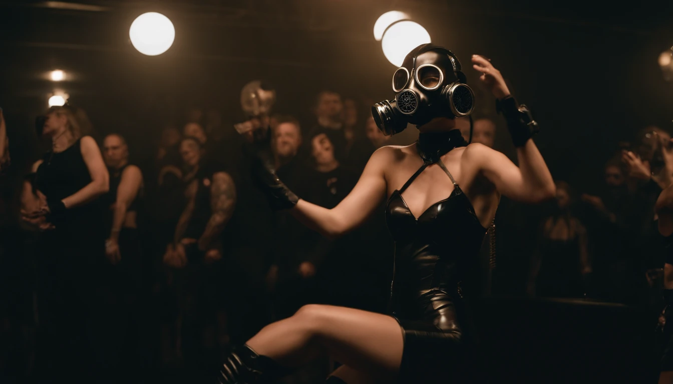stripper dancing on a podium wearing a gas mask, latex leotard, dark clubbing, people dancing in the background, nightclub, goth club, gothic cyberpunk, cyberpunk aesthetic, industrial aesthetic, goth aesthetic, ultra detailed.