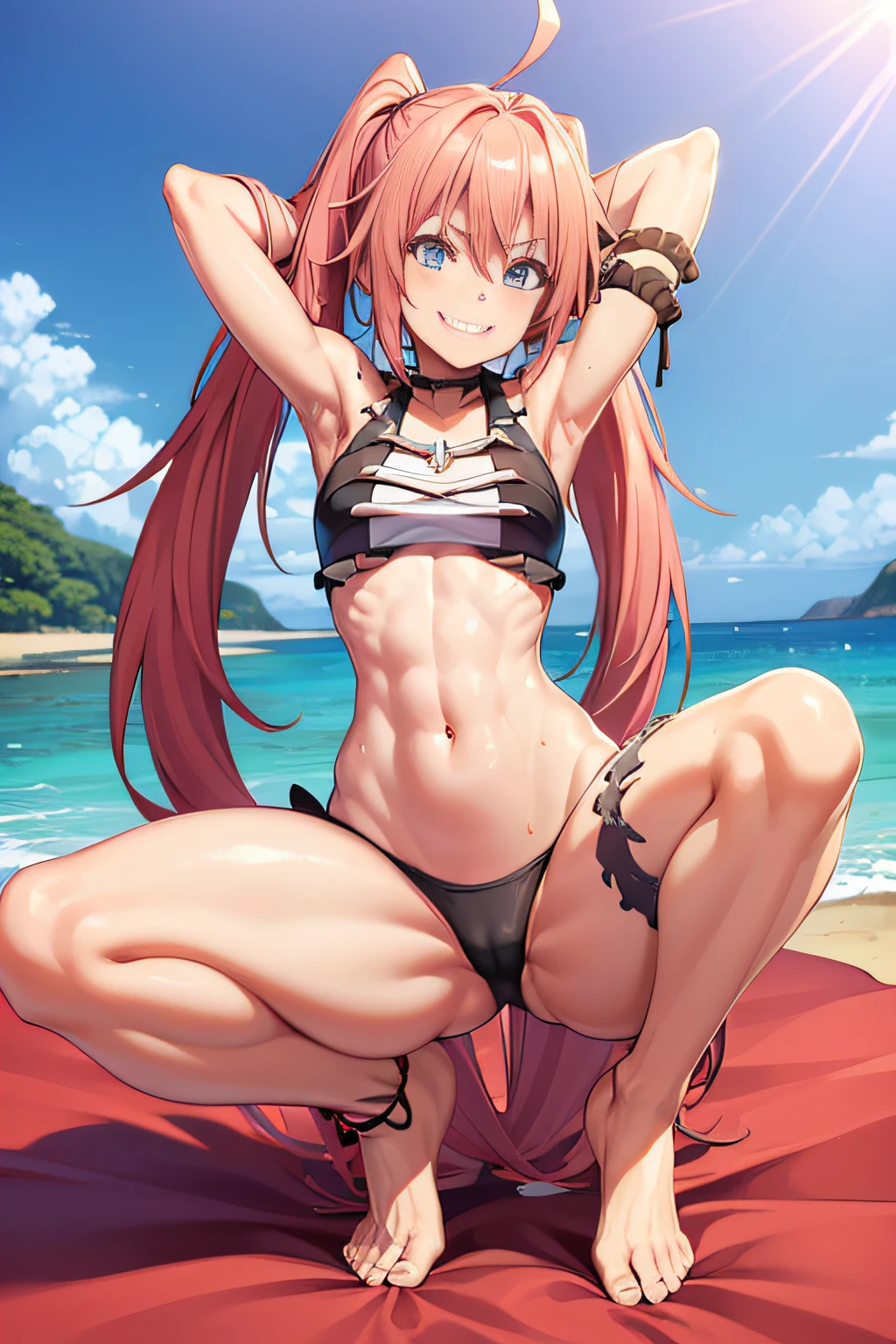((female)), (very messy hair), (happy smile), fangs, ((ripped abdomen)), toned arms and legs, small breasts, excessive sweating, (summer beach scene), blue eyes, wide hips , yacht in the background, barefoot, full body photo