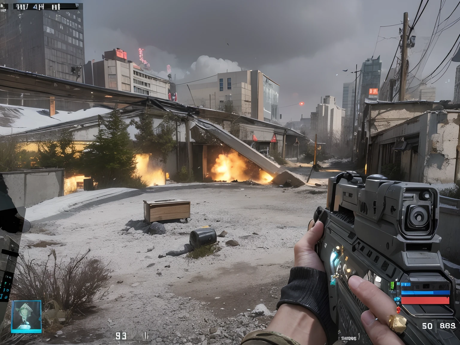 First-person shooter, Screenshot from the game, 1st person shooter, First-person shooter with interface, FPS game, In the city of the post-apocalypse, Screenshot from FPS, Gameplay screenshot with UI, video game screenshot>, Screenshot from the game, video game screenshot, gameplay still