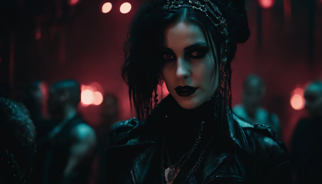 goth girl with dripping make-up in a goth club, dark clubbing, people dancing in the background, nightclub, goth club, gothic cyberpunk, cyberpunk aesthetic, industrial aesthetic, goth aesthetic, ultra detailed.