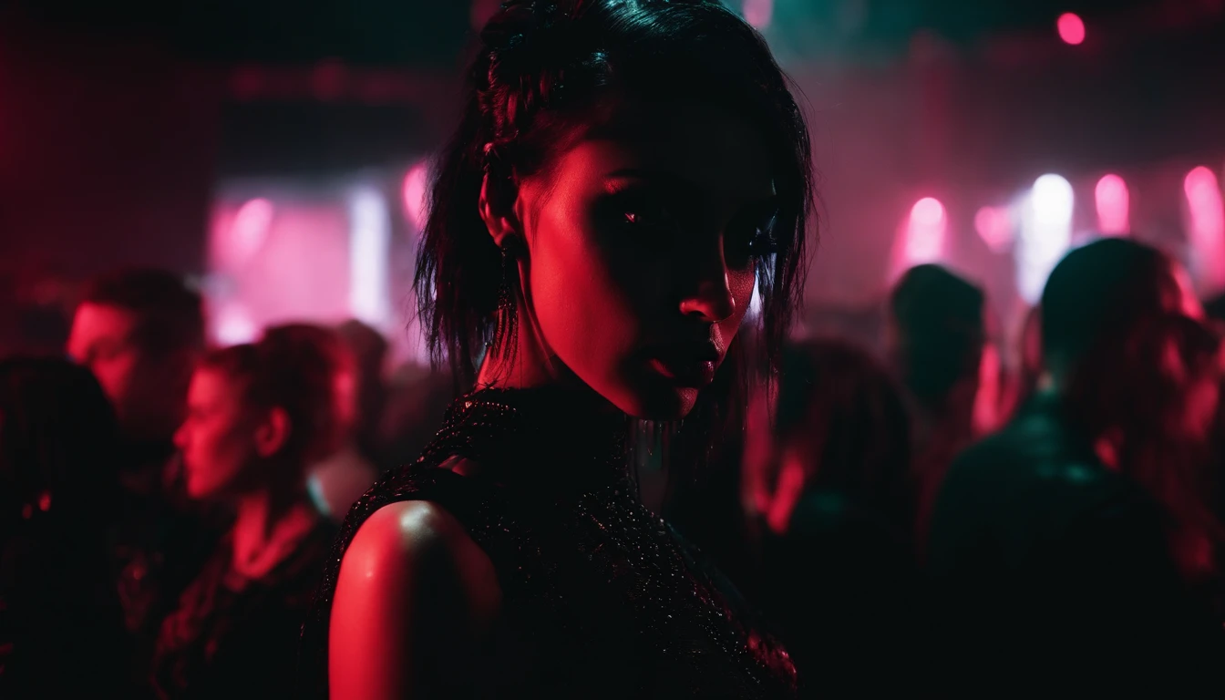 goth girl with dripping make-up in a goth club, dark clubbing, people dancing in the background, nightclub, goth club, gothic cyberpunk, cyberpunk aesthetic, industrial aesthetic, goth aesthetic, ultra detailed.
