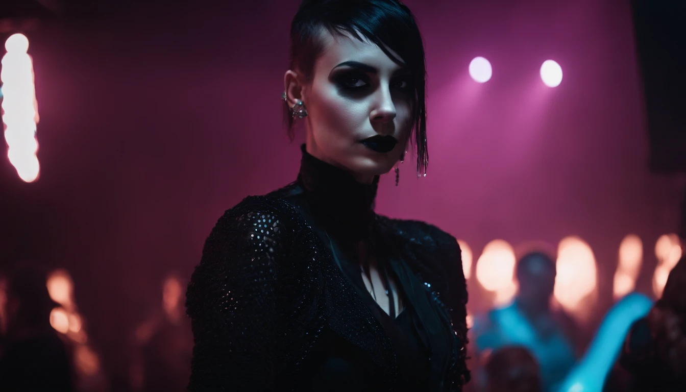 goth girl with dripping make-up in a goth club, dark clubbing, people dancing in the background, nightclub, goth club, gothic cyberpunk, cyberpunk aesthetic, industrial aesthetic, goth aesthetic, ultra detailed.