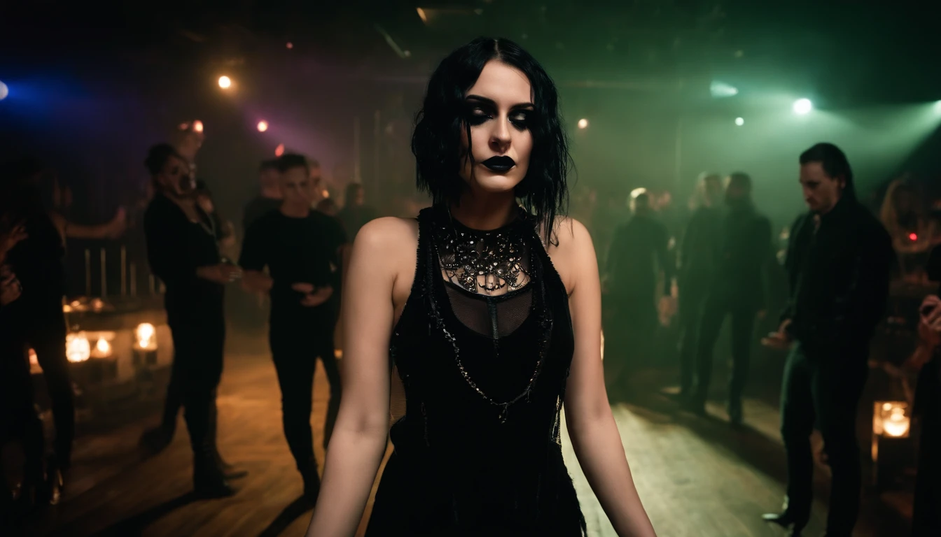 goth girl with dripping make-up in a goth club, dark clubbing, people dancing in the background, nightclub, goth club, gothic cyberpunk, cyberpunk aesthetic, industrial aesthetic, goth aesthetic, ultra detailed.