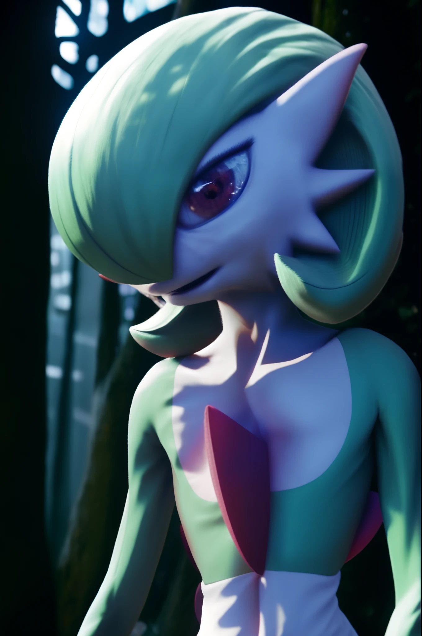 ((realistic)), ((photorealistic)),((high-res, masterpiece, best quality, cinema lighting)), masterpiece, best quality:1.2), upper body, solo, masterpiece, best quality, 4k, photograph, cinematic, modelshoo ,ultra realistic 8k cg, masterpiece, ((ultra detailed background, delicate pattern, intricate detail)), (highly detailed, fine details), best quality, (photorealistic:1.4), absurdres, RAW photo,masterpiece, best_quality, ((1girl 1.3)), solo, ((gardevoir 1.4)), creatures \(company\), game freak, nintendo, pokemon, pokemon \(game\), bangs, colored skin, female focus, gen 3 pokemon, green hair, green skin, hair over one eye, multicolored skin, pokemon \(creature\), red eyes, short hair, two-tone skin, white skin, soft smile,cute, day, forest