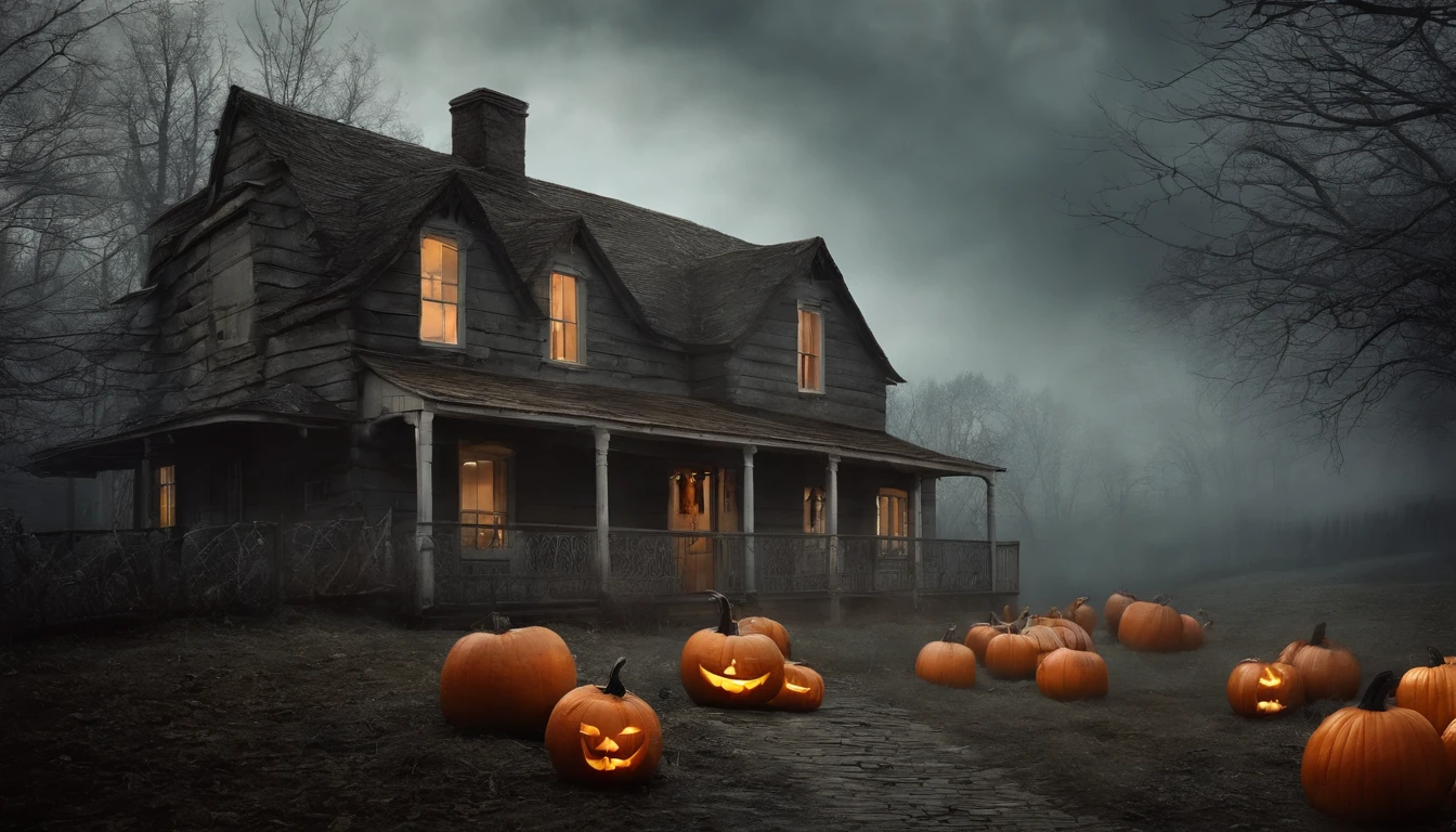 Art Wall vintage de Halloween, Espeluznante malhumorado, Neutral rustic style, on a grey winter morning, con fantasmas caminando.